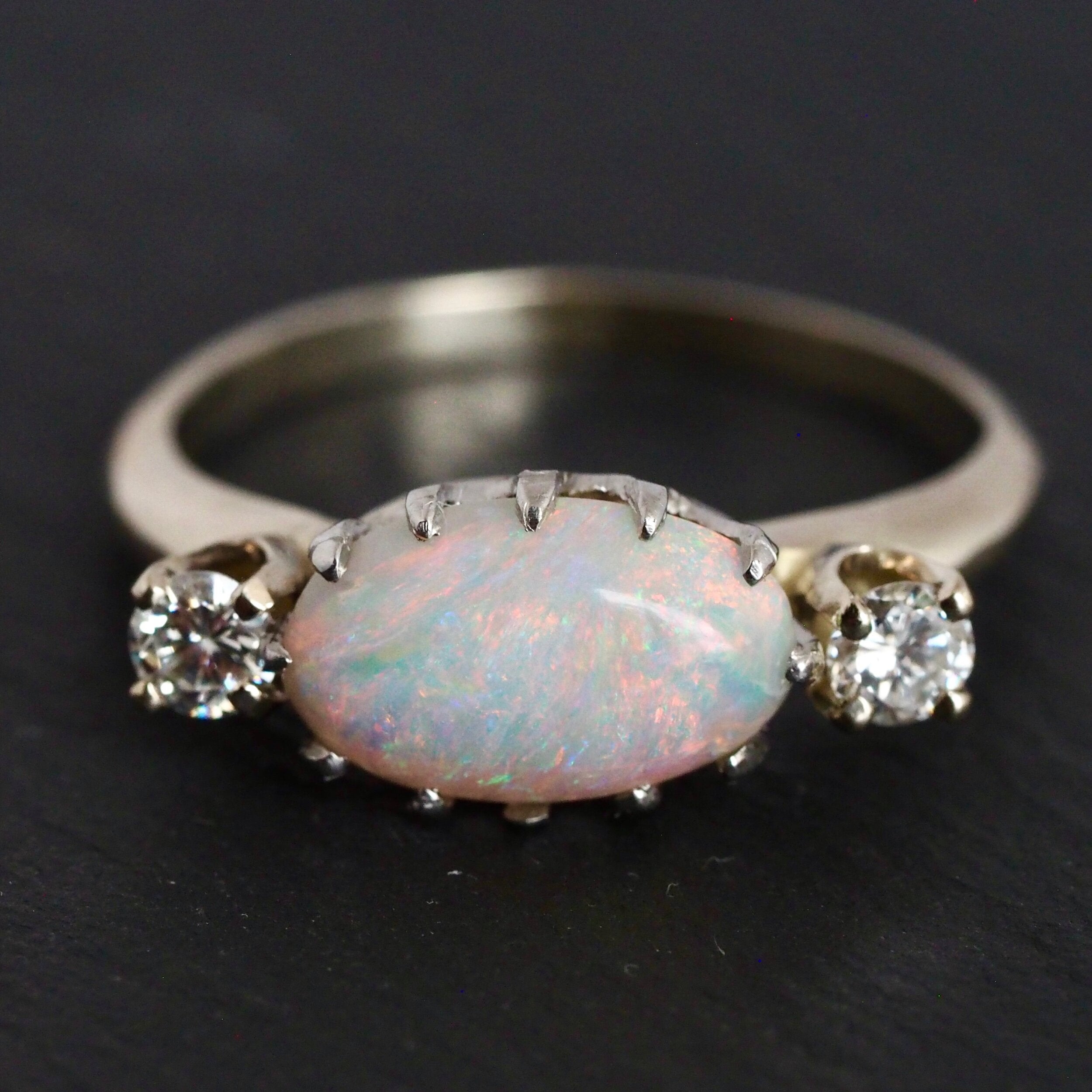 Vintage 14k White Gold Opal and Diamond Ring
