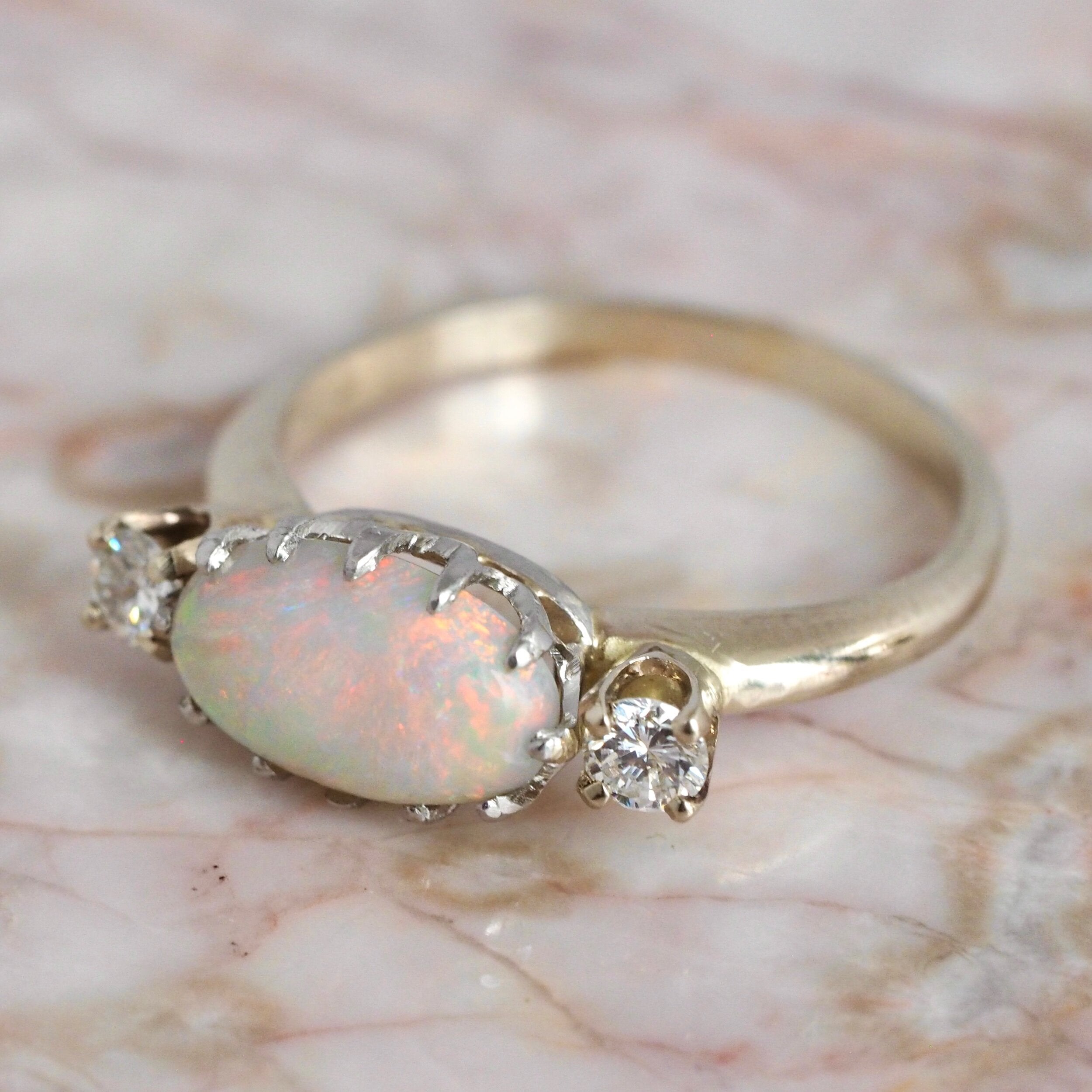 Vintage 14k White Gold Opal and Diamond Ring