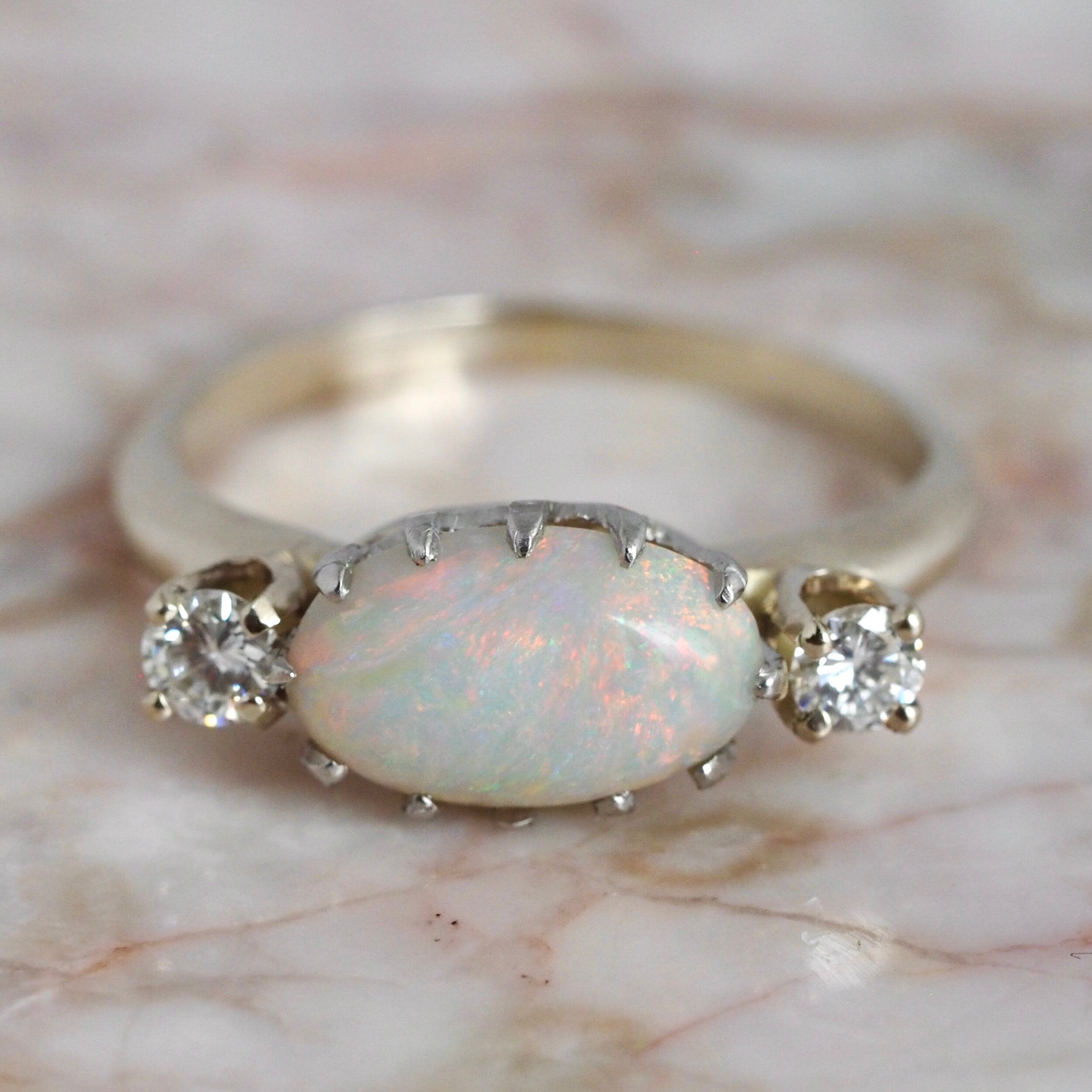 Vintage 14k White Gold Opal and Diamond Ring