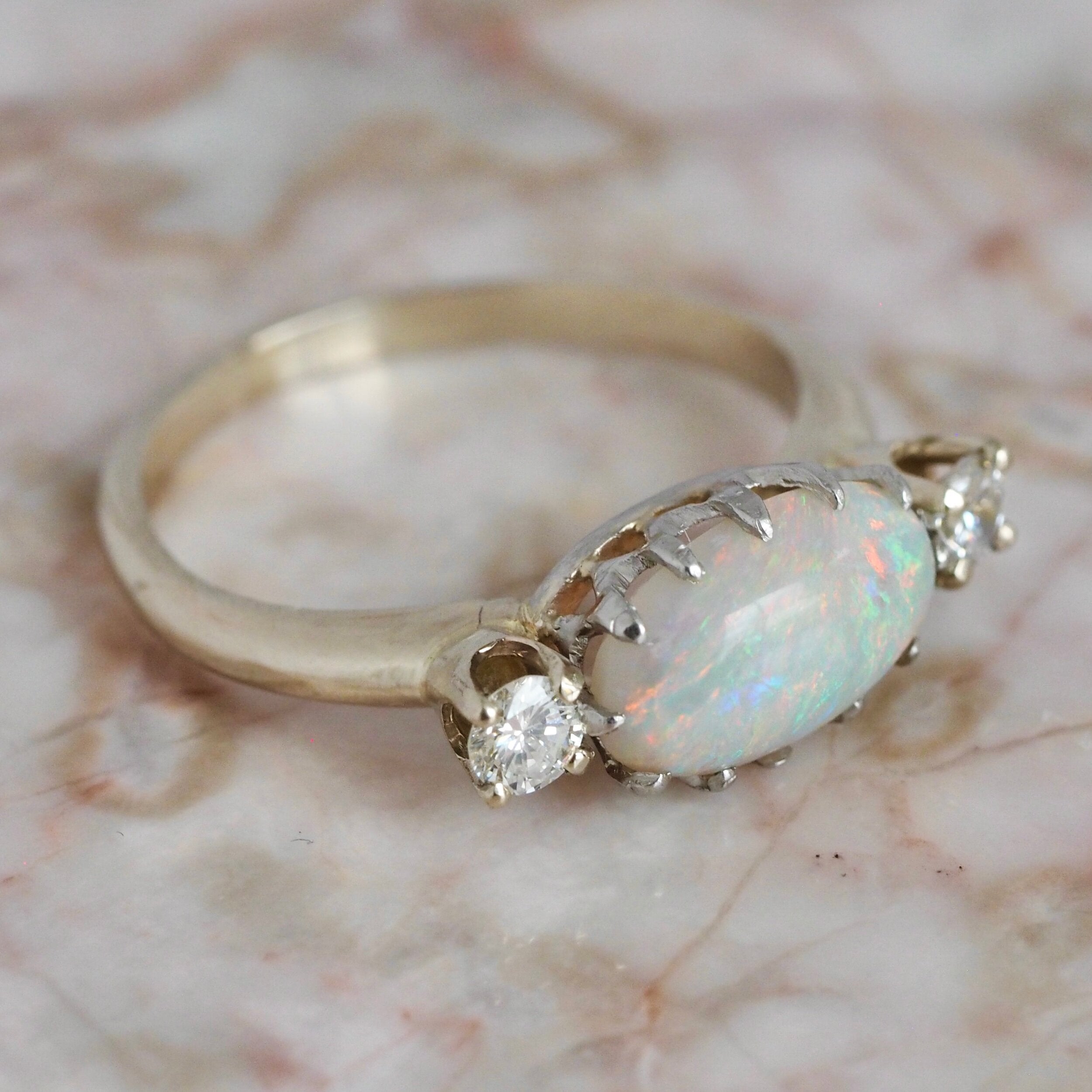 Vintage 14k White Gold Opal and Diamond Ring