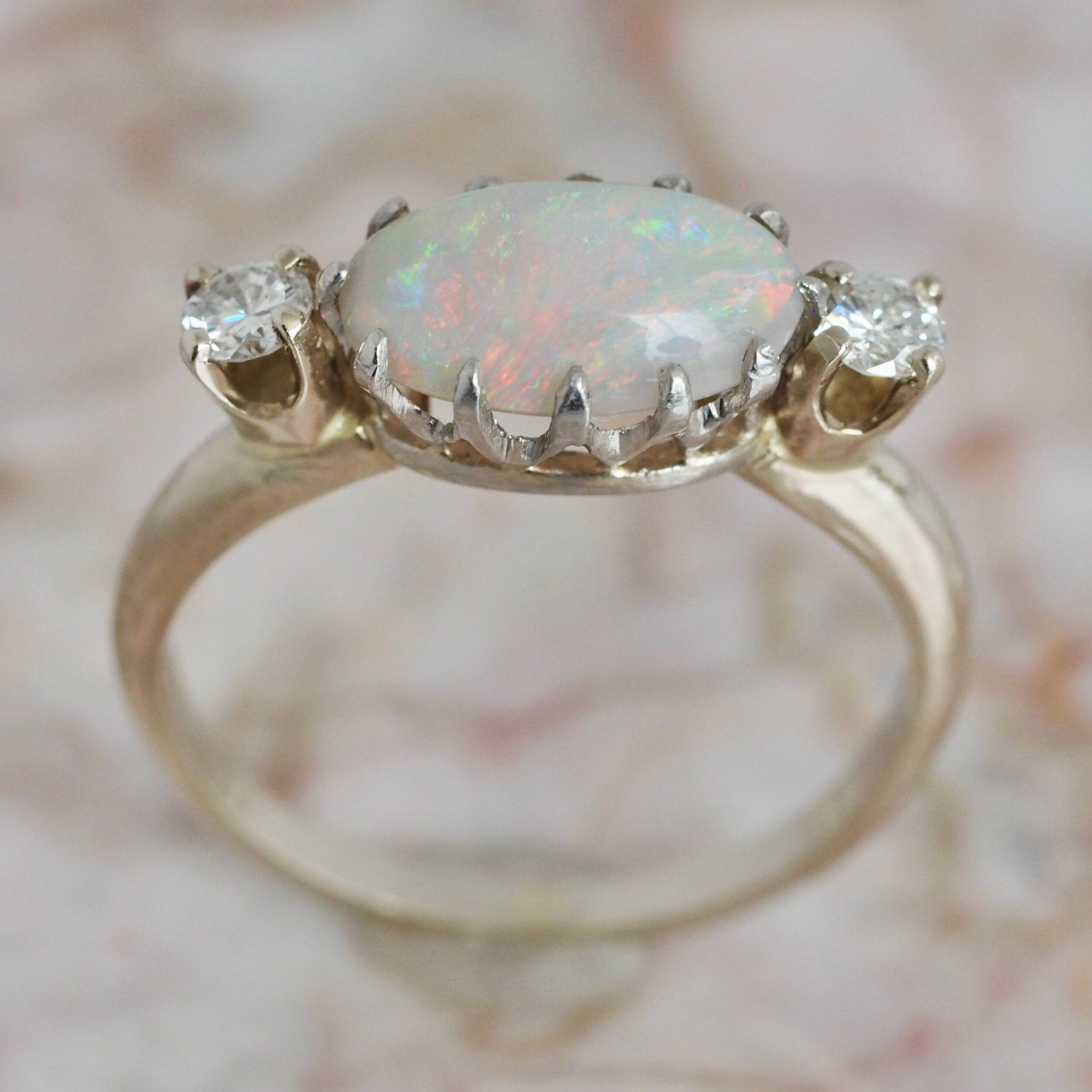 Vintage 14k White Gold Opal and Diamond Ring