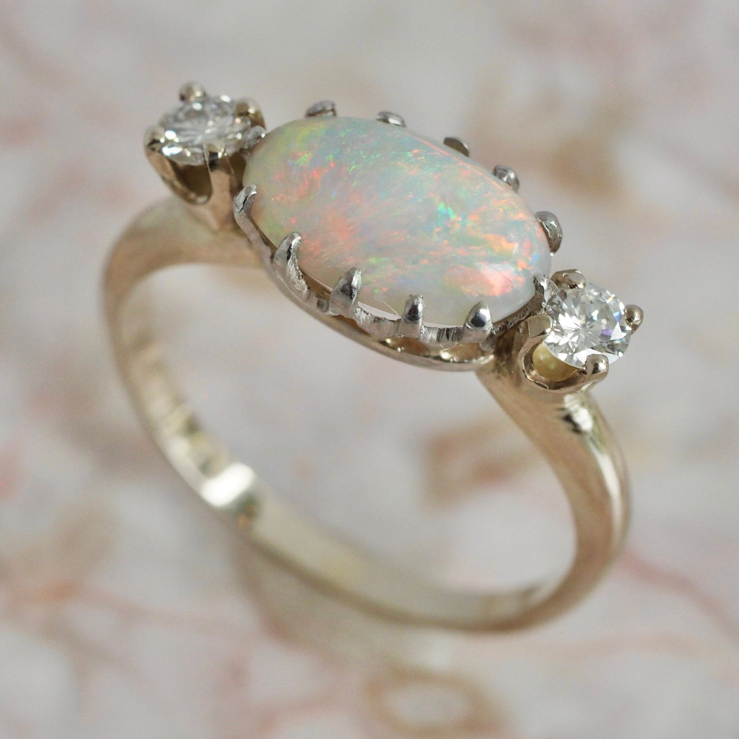 Vintage 14k White Gold Opal and Diamond Ring
