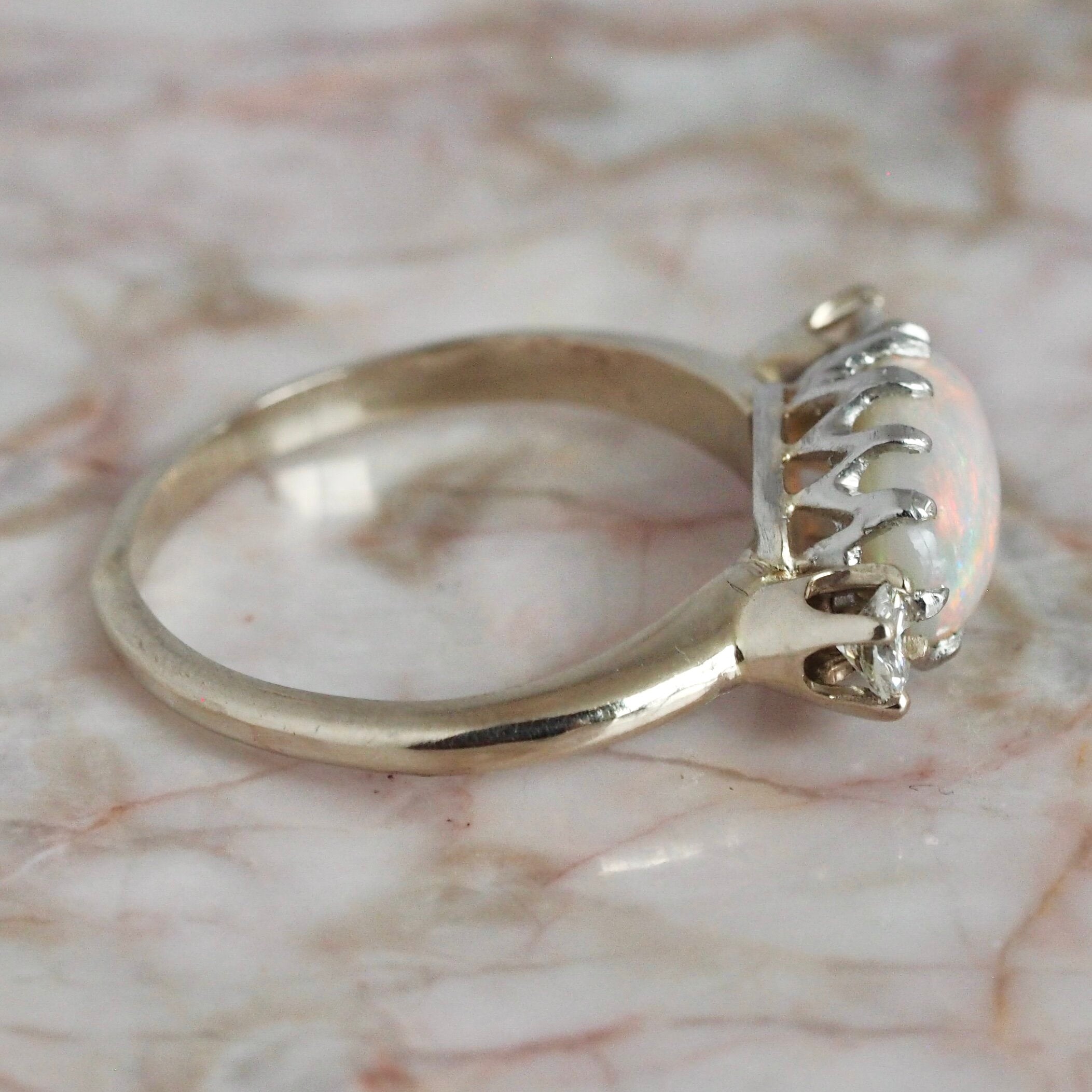 Vintage 14k White Gold Opal and Diamond Ring