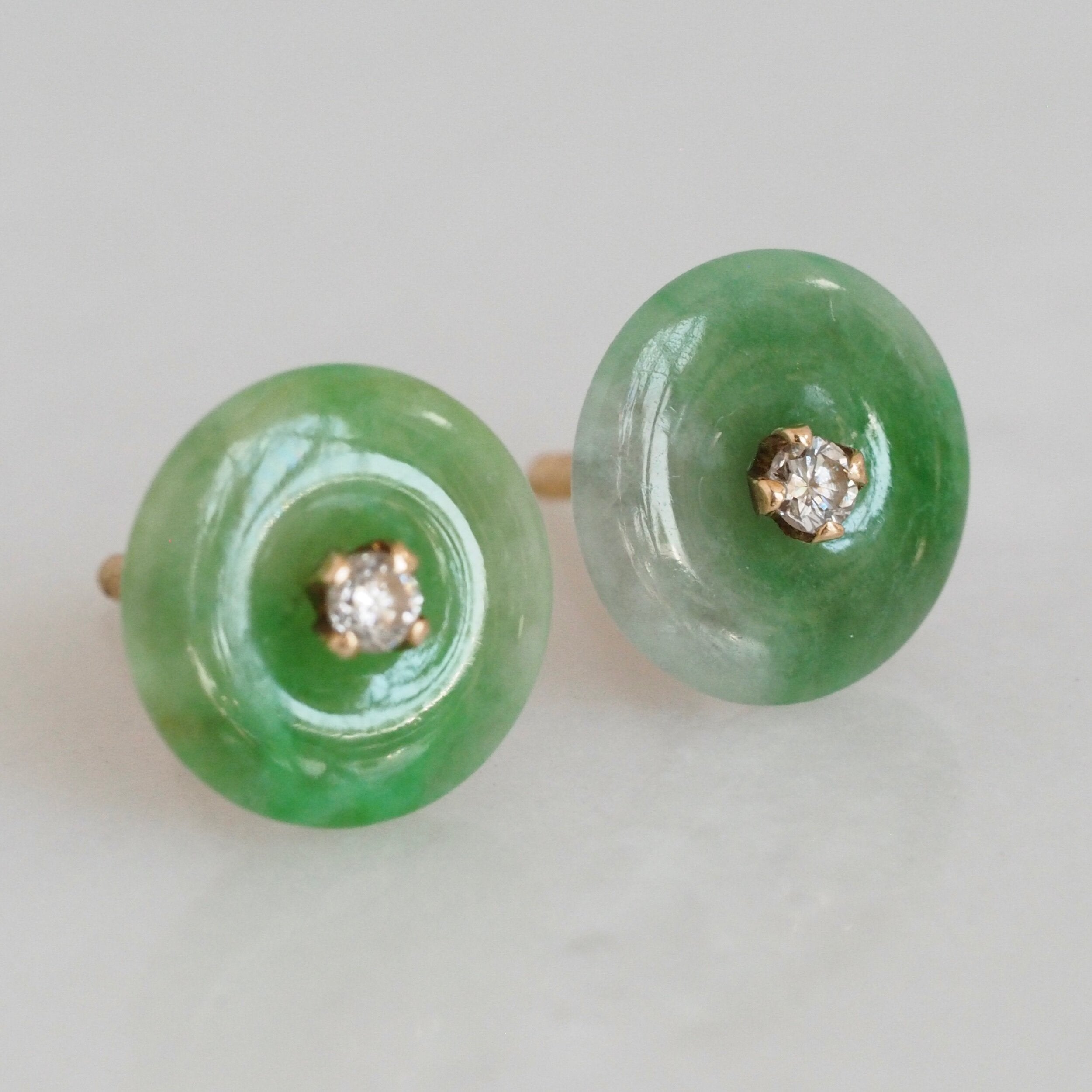Vintage 18k Gold Jade and Diamond Earrings
