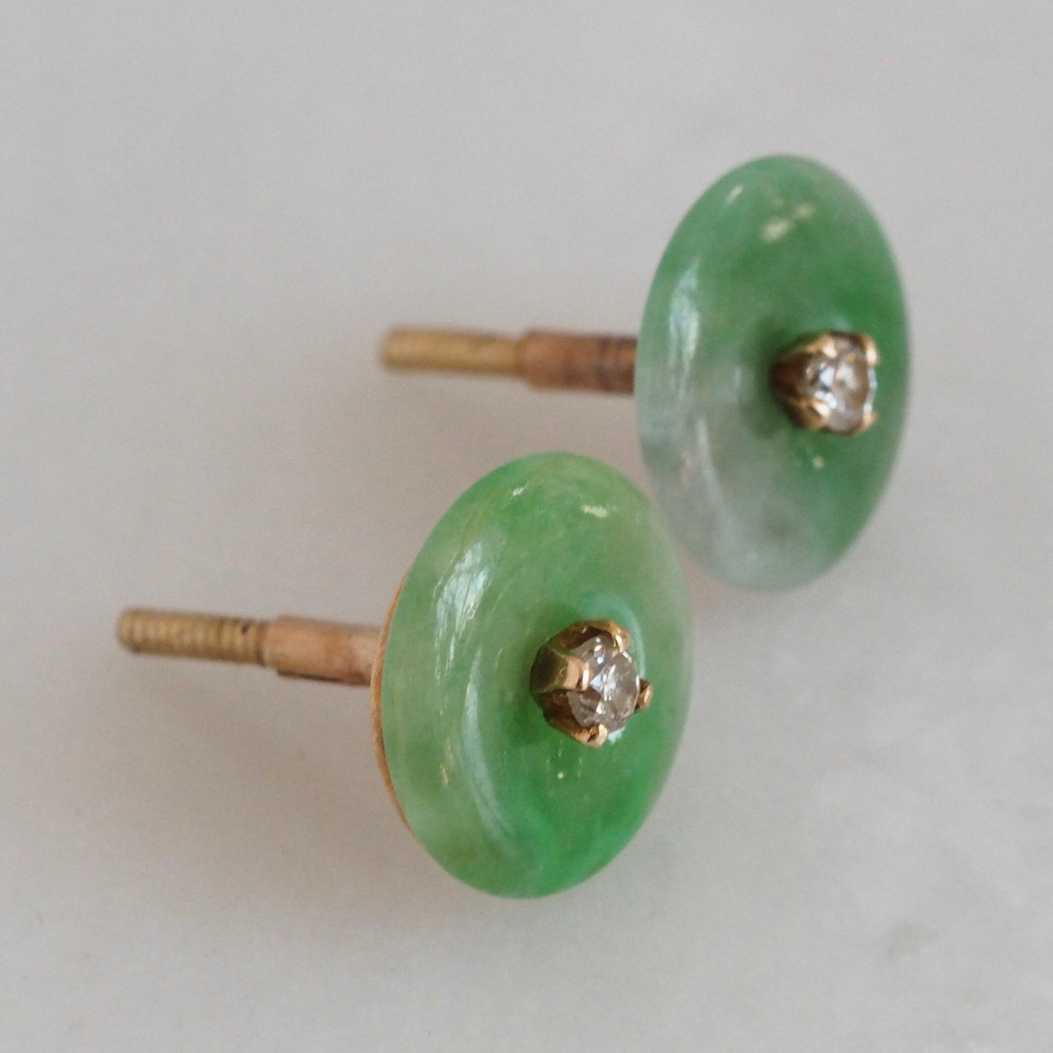 Vintage 18k Gold Jade and Diamond Earrings