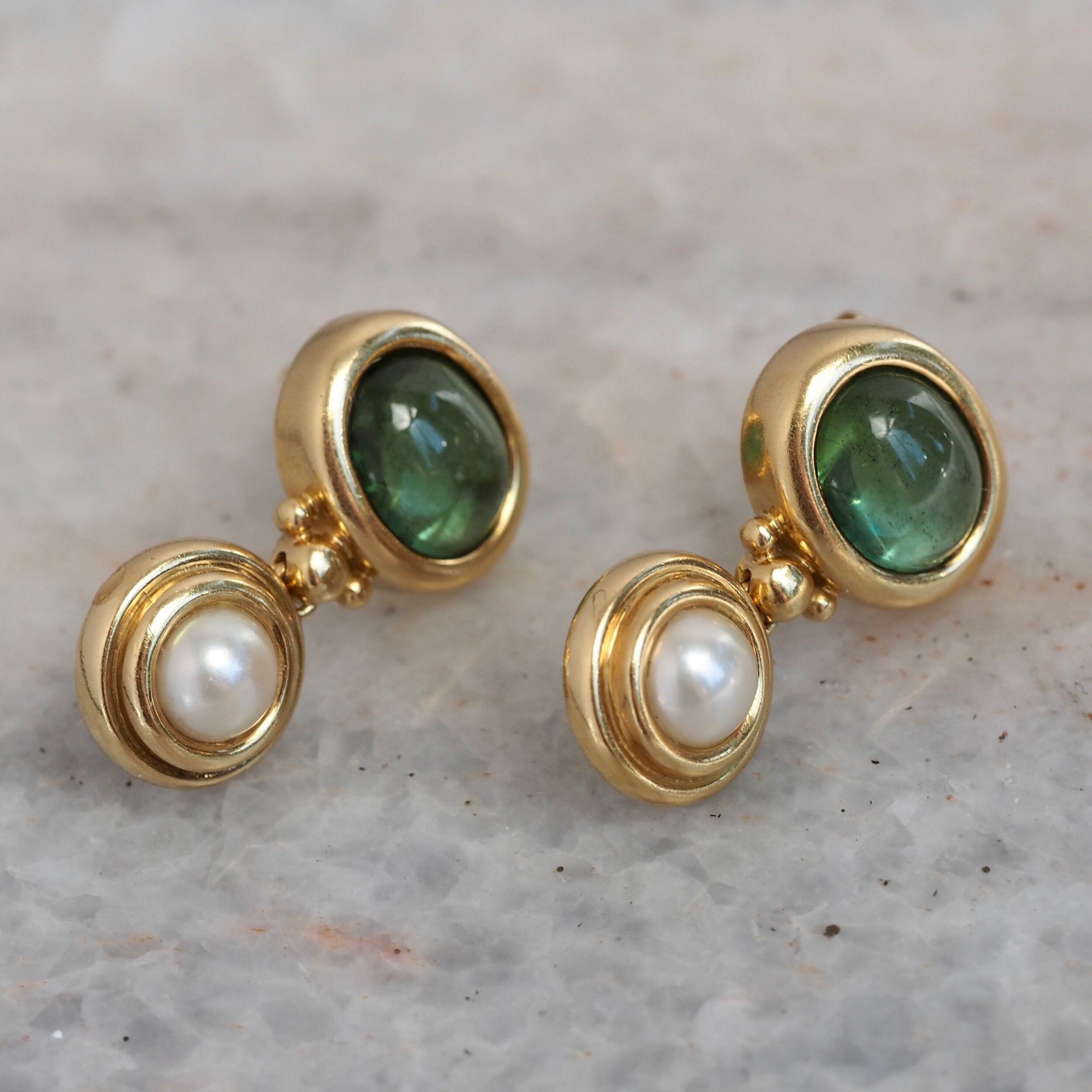 Vintage 18k Gold Tourmaline and Pearl Earrings