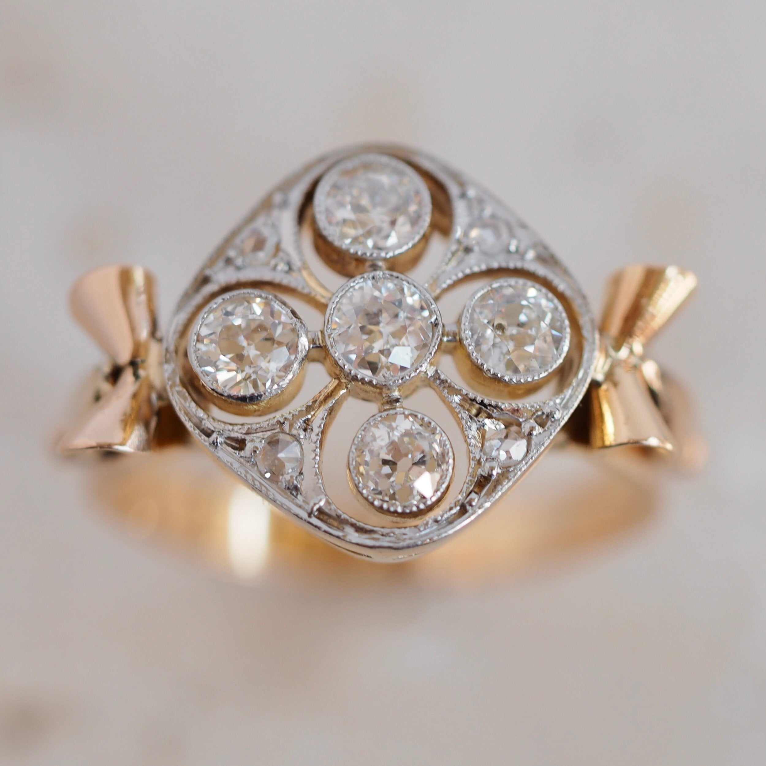 Vintage 18k Gold and Platinum Old European Cut, Old Mine Cut and Rose Cut Diamond Ring