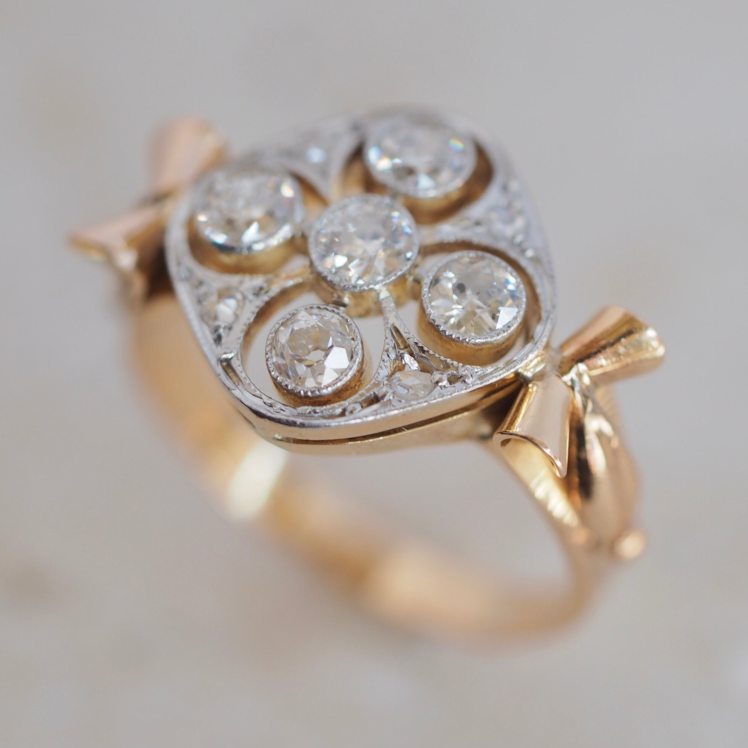 Vintage 18k Gold and Platinum Old European Cut, Old Mine Cut and Rose Cut Diamond Ring