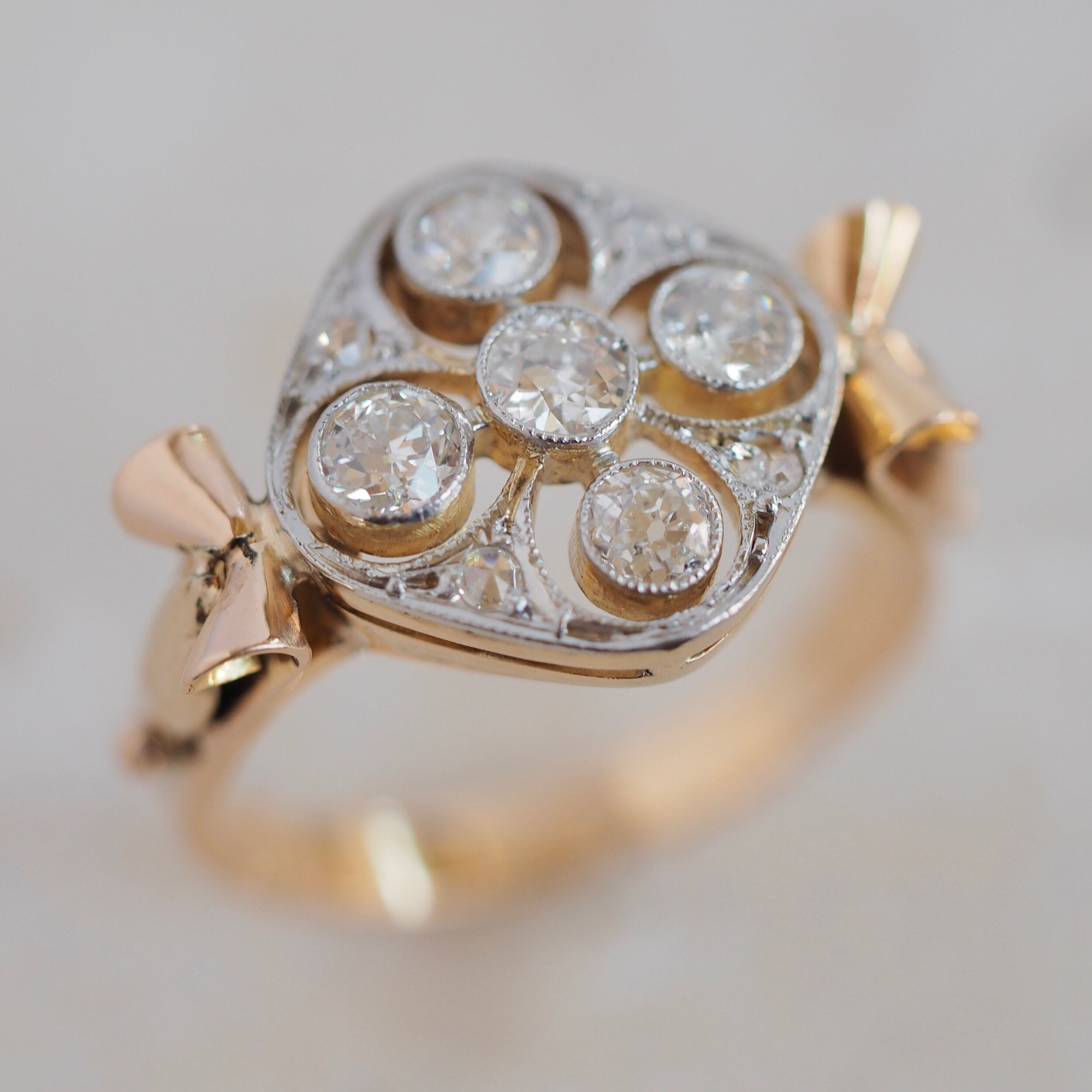 Vintage 18k Gold and Platinum Old European Cut, Old Mine Cut and Rose Cut Diamond Ring