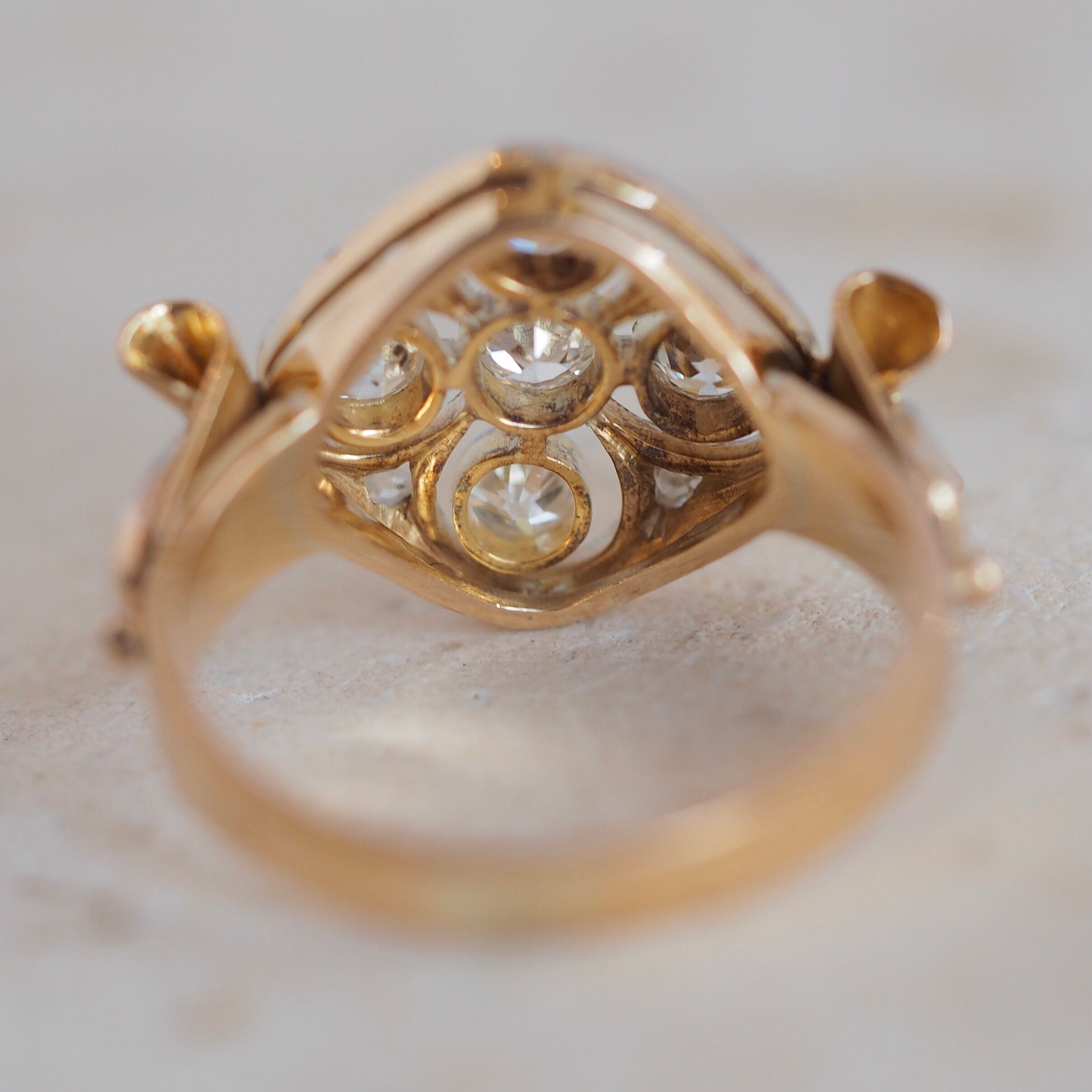 Vintage 18k Gold and Platinum Old European Cut, Old Mine Cut and Rose Cut Diamond Ring