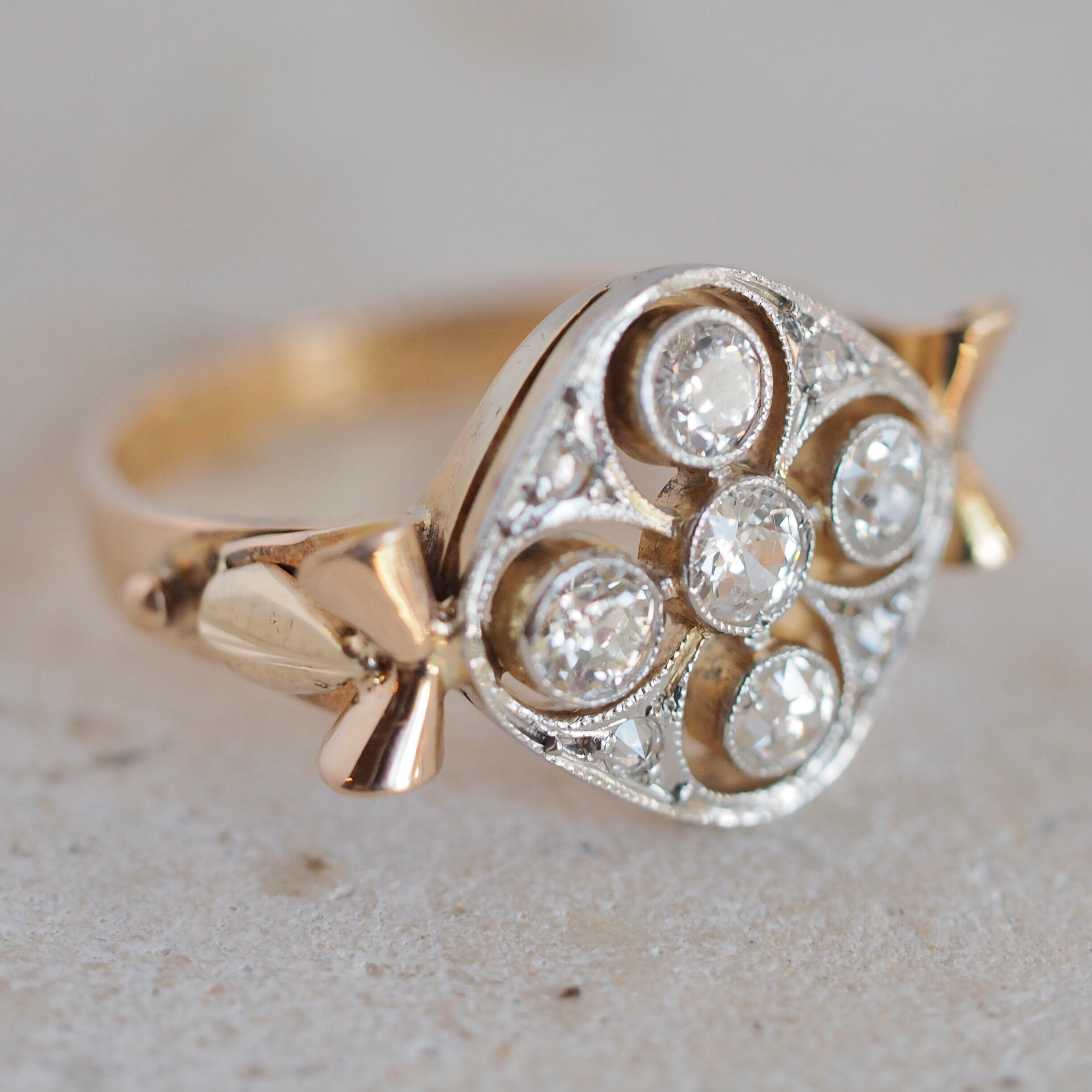 Vintage 18k Gold and Platinum Old European Cut, Old Mine Cut and Rose Cut Diamond Ring
