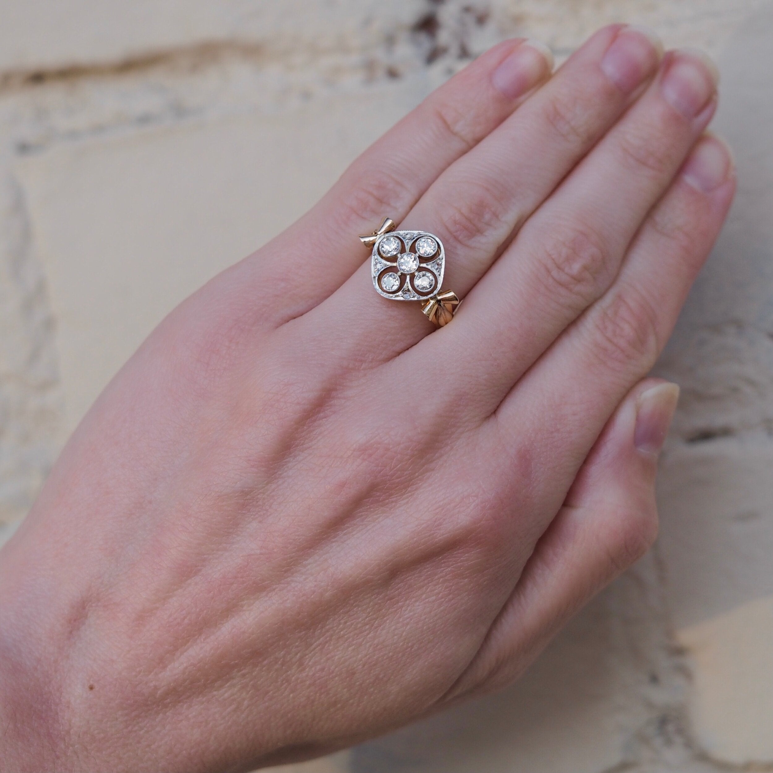 Vintage 18k Gold and Platinum Old European Cut, Old Mine Cut and Rose Cut Diamond Ring