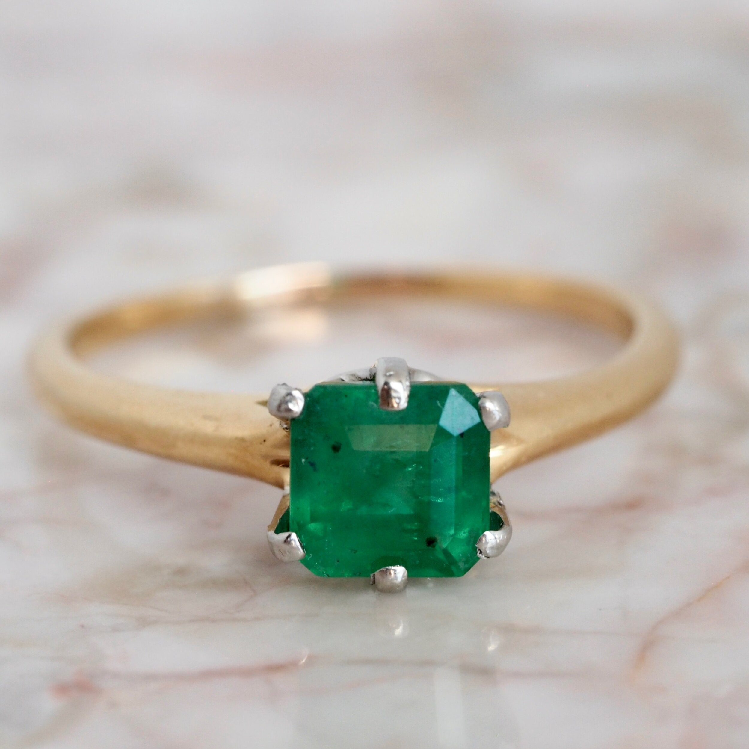 Vintage 18k Yellow and White Gold Emerald Solitaire Ring