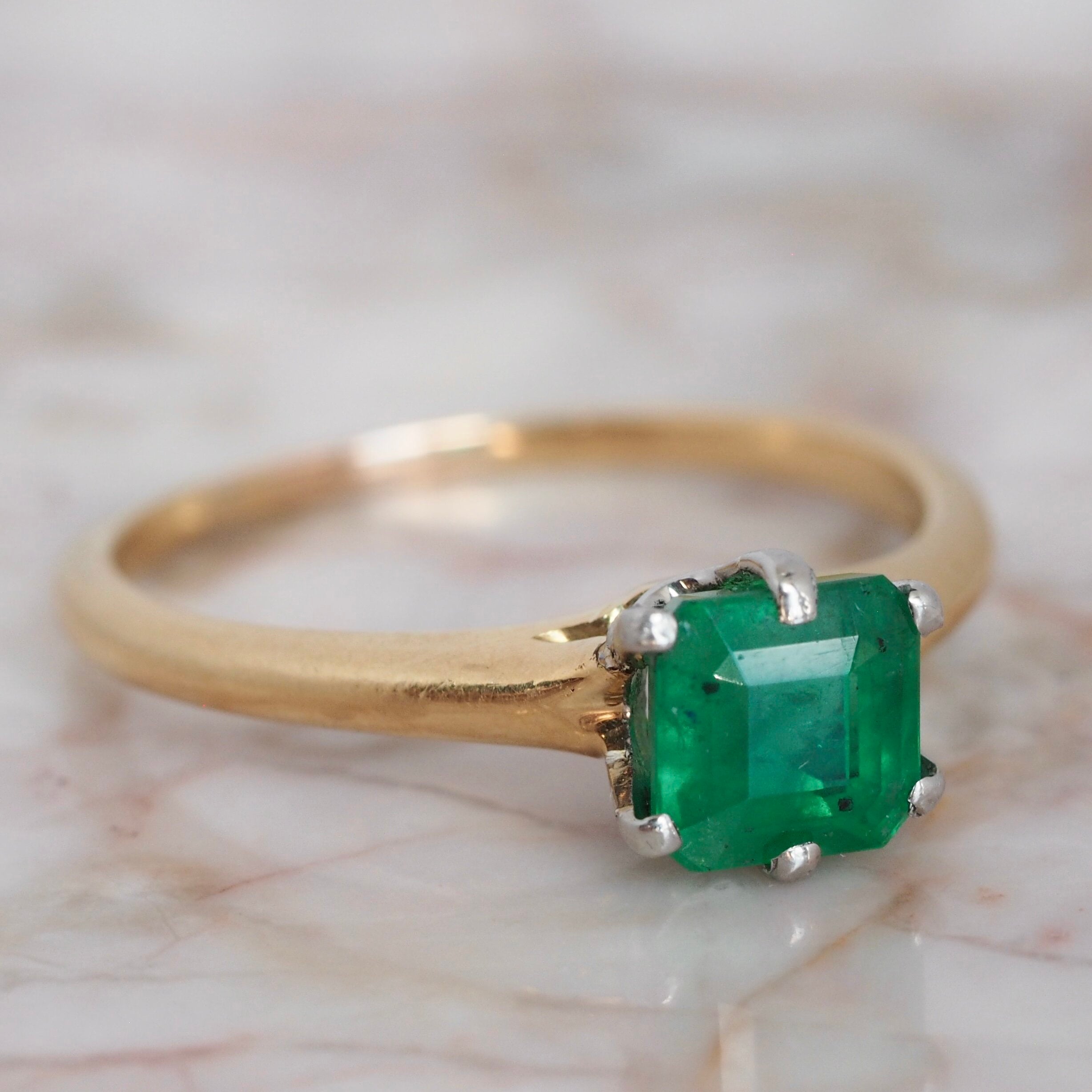 Vintage 18k Yellow and White Gold Emerald Solitaire Ring