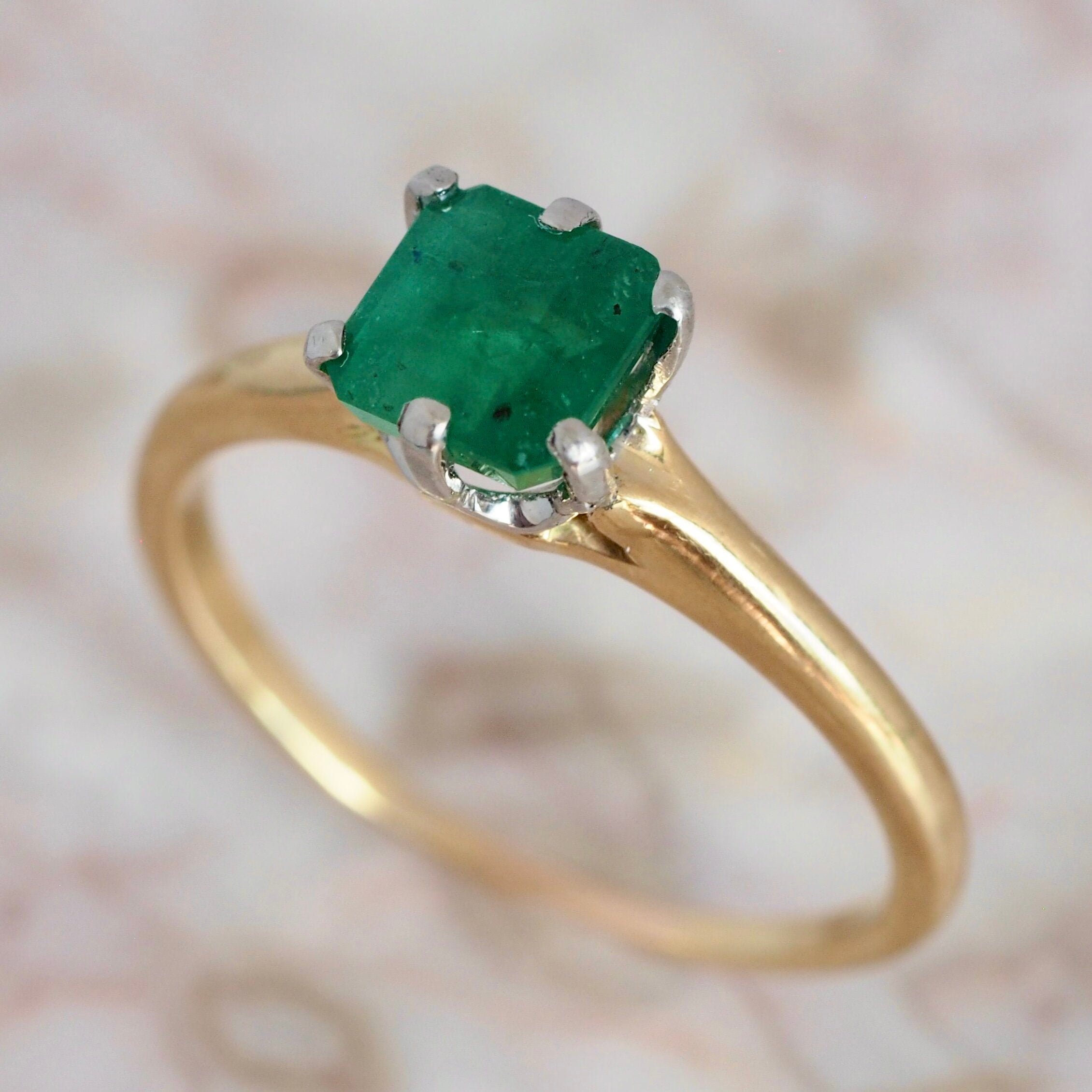 Vintage 18k Yellow and White Gold Emerald Solitaire Ring