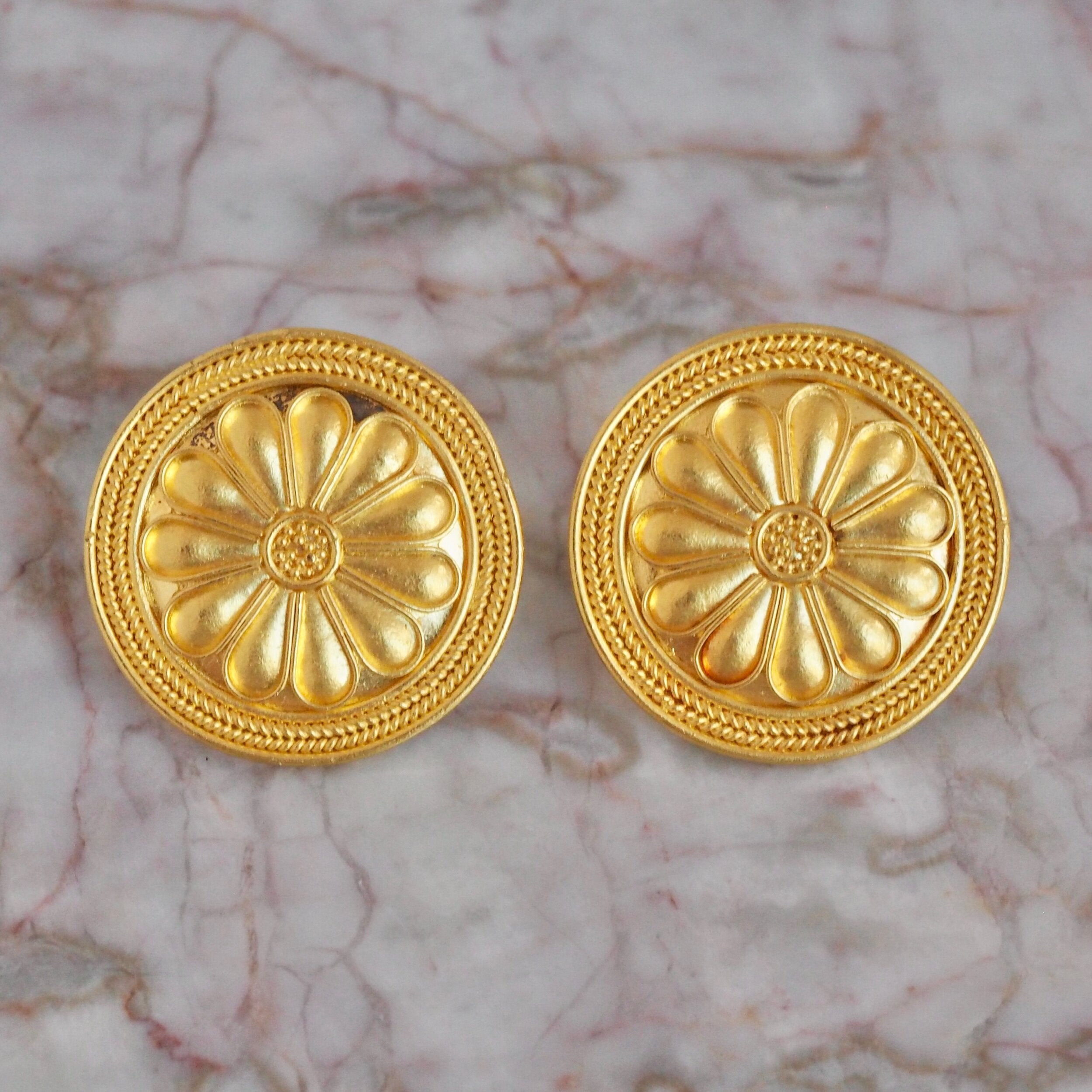 Vintage Ancient Style 22k Gold Floral Disc Earrings