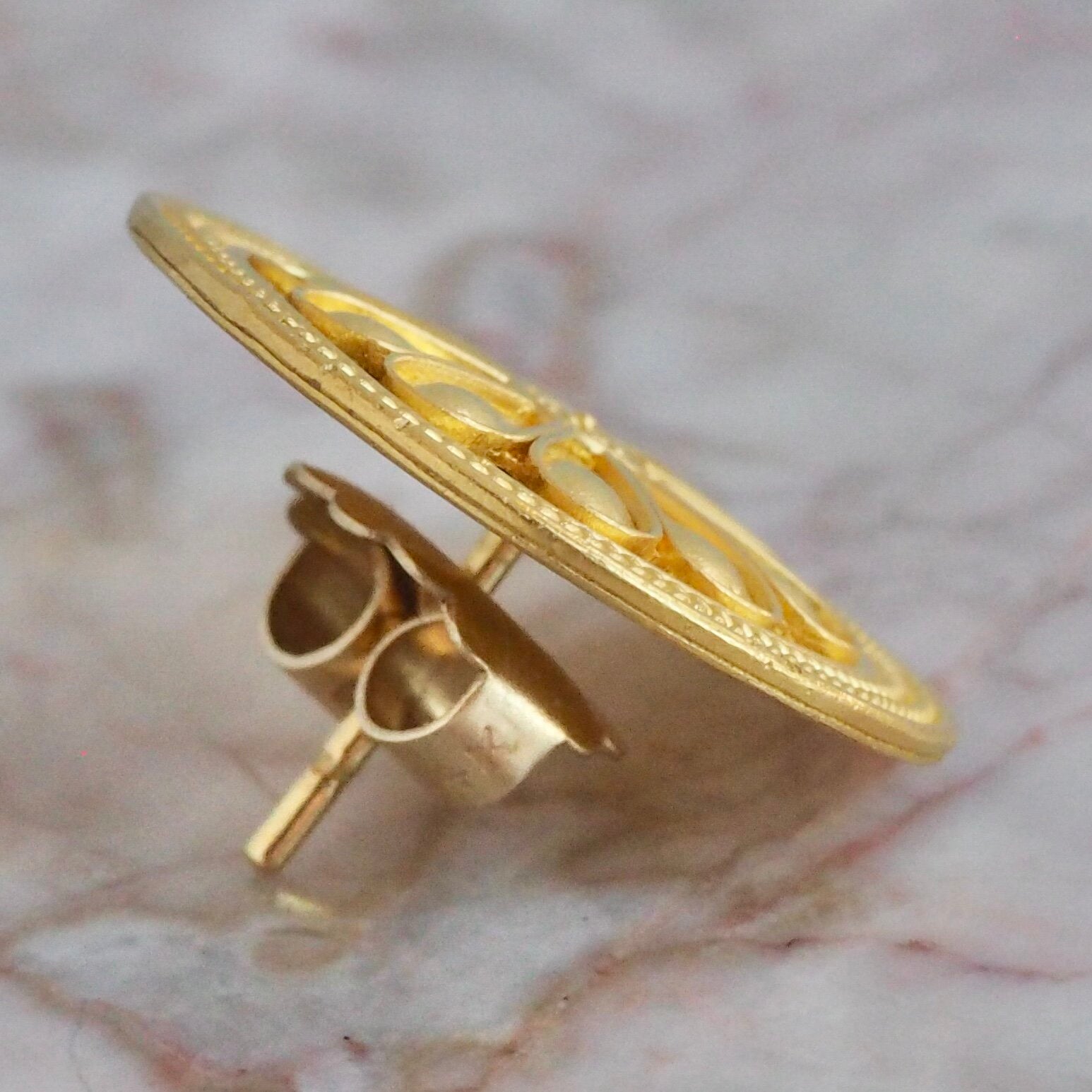 Vintage Ancient Style 22k Gold Floral Disc Earrings