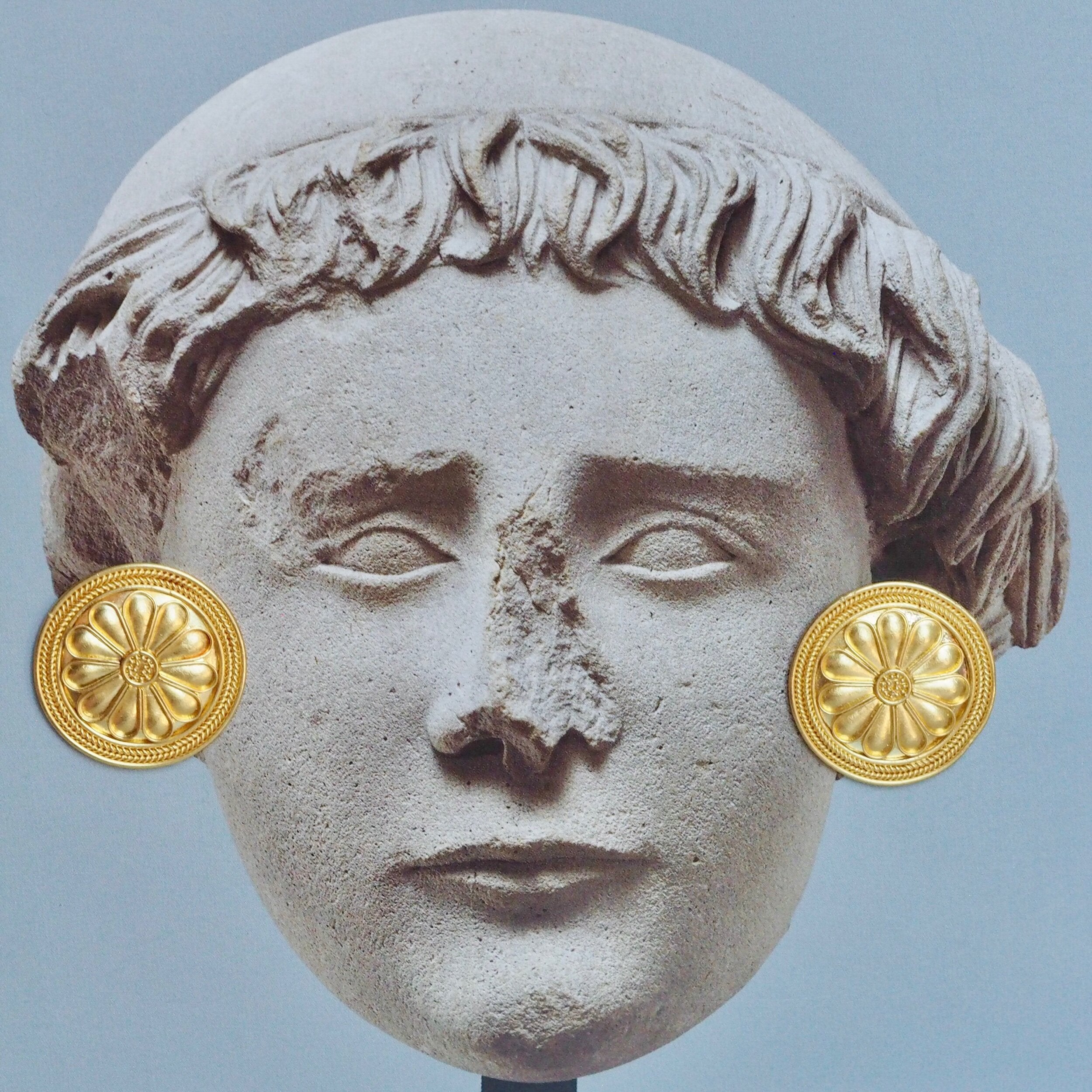 Vintage Ancient Style 22k Gold Floral Disc Earrings
