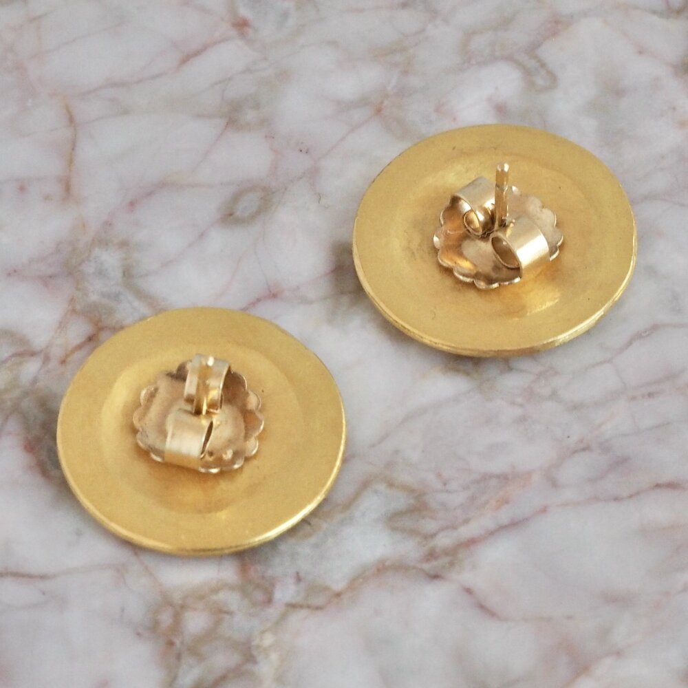 Vintage Ancient Style 22k Gold Floral Disc Earrings