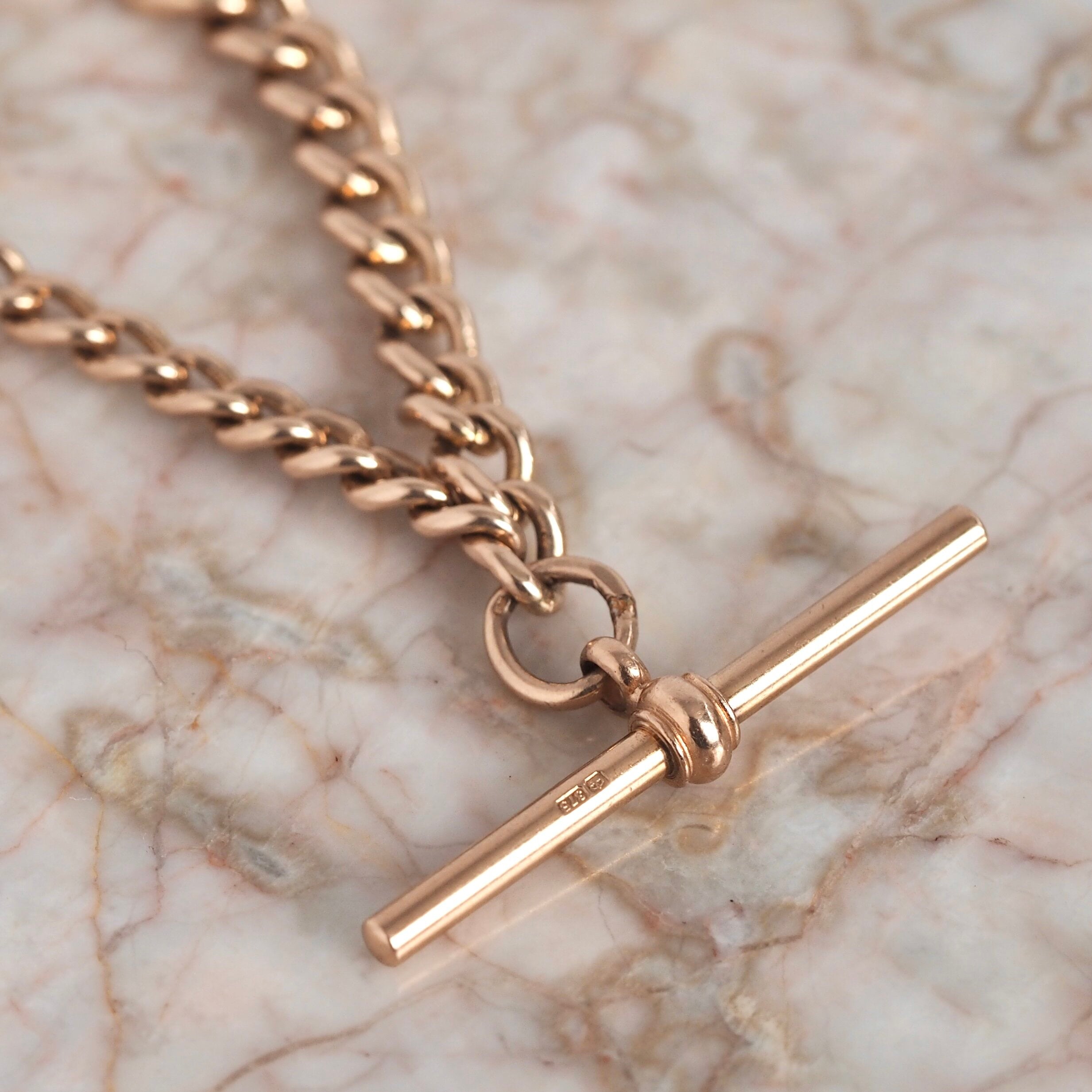 Vintage English 9k Gold Watch Chain With T-Bar and Dog Clip