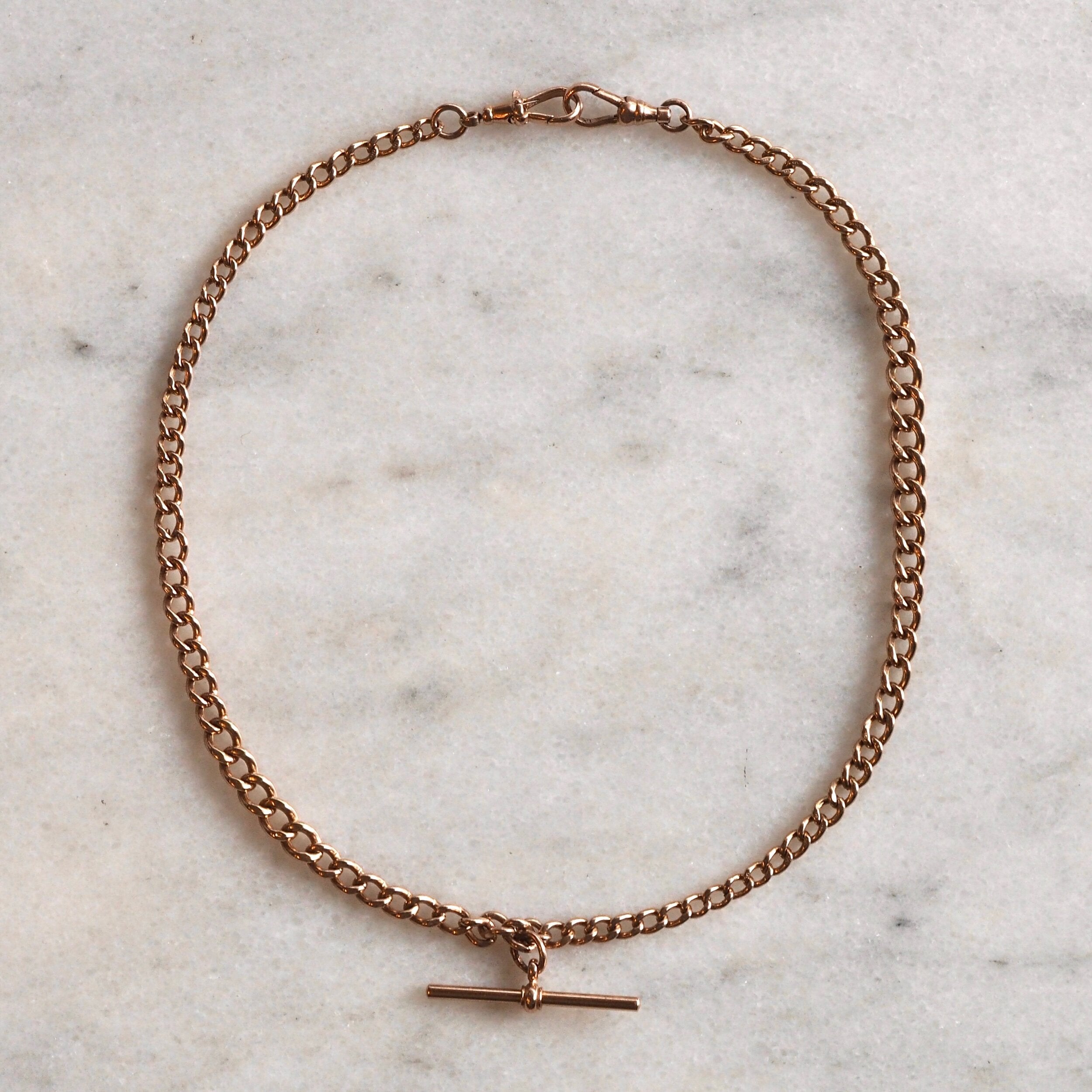 Vintage English 9k Gold Watch Chain With T-Bar and Dog Clip