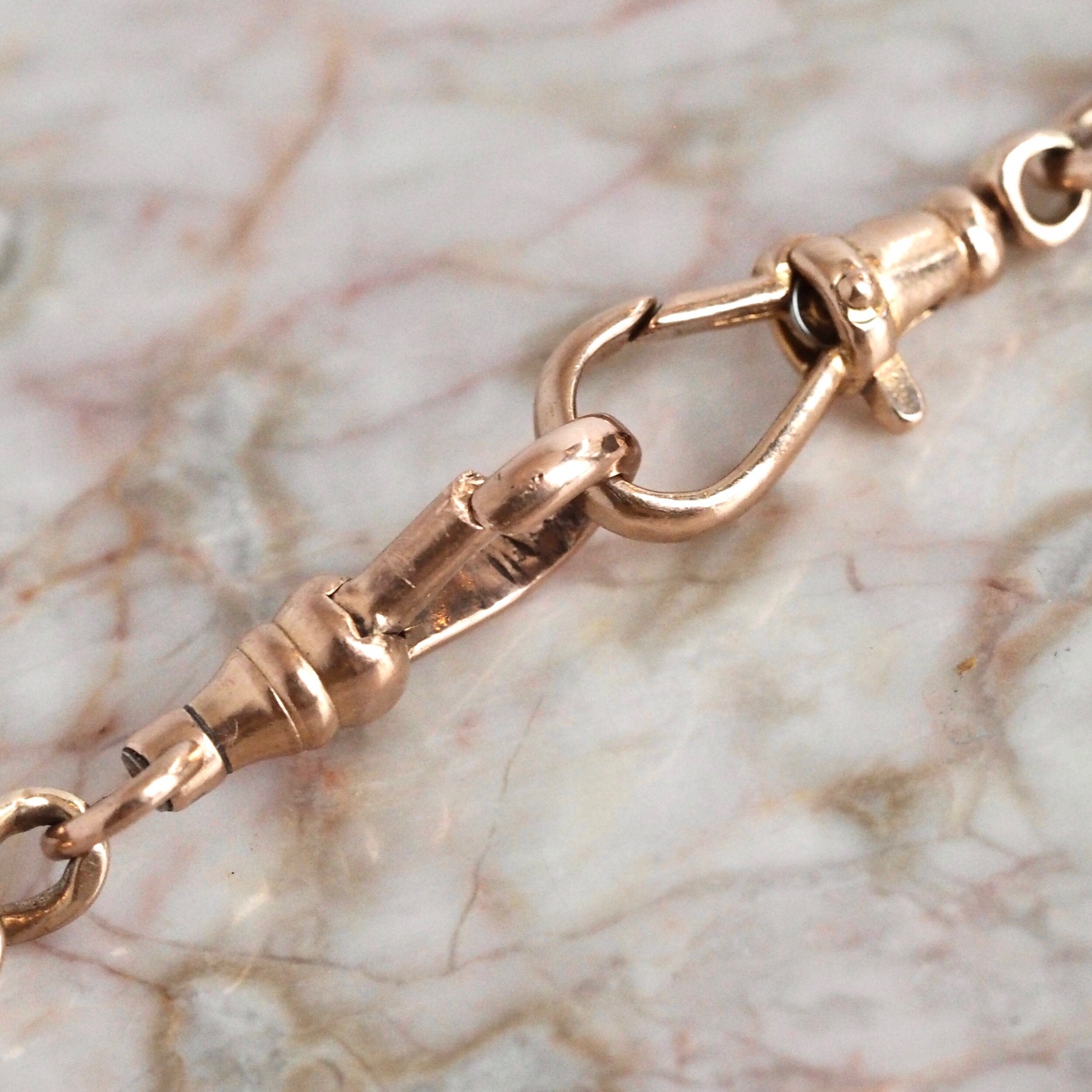Vintage English 9k Gold Watch Chain With T-Bar and Dog Clip