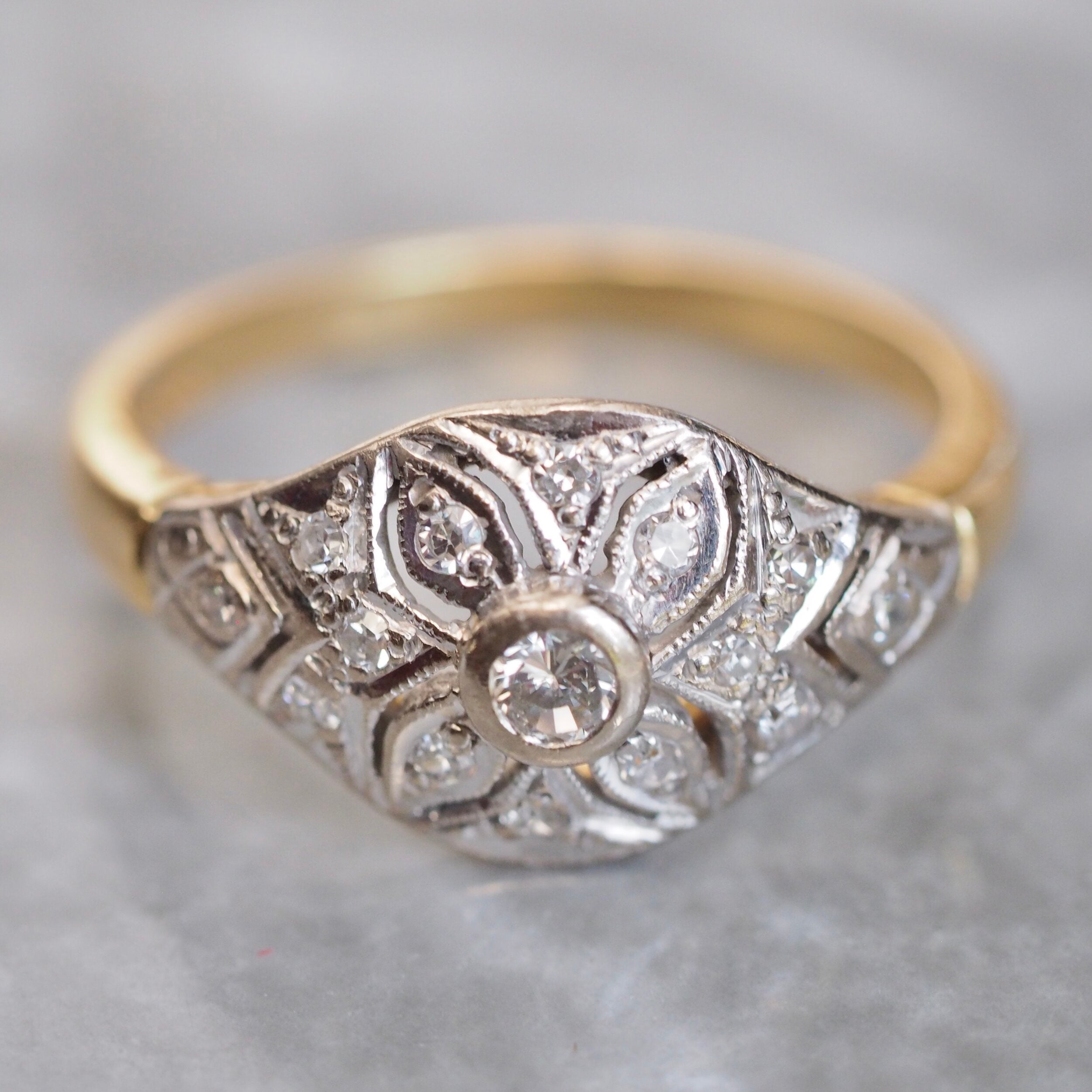 Vintage English Art Deco Style 18k Gold Diamond Engagement Ring