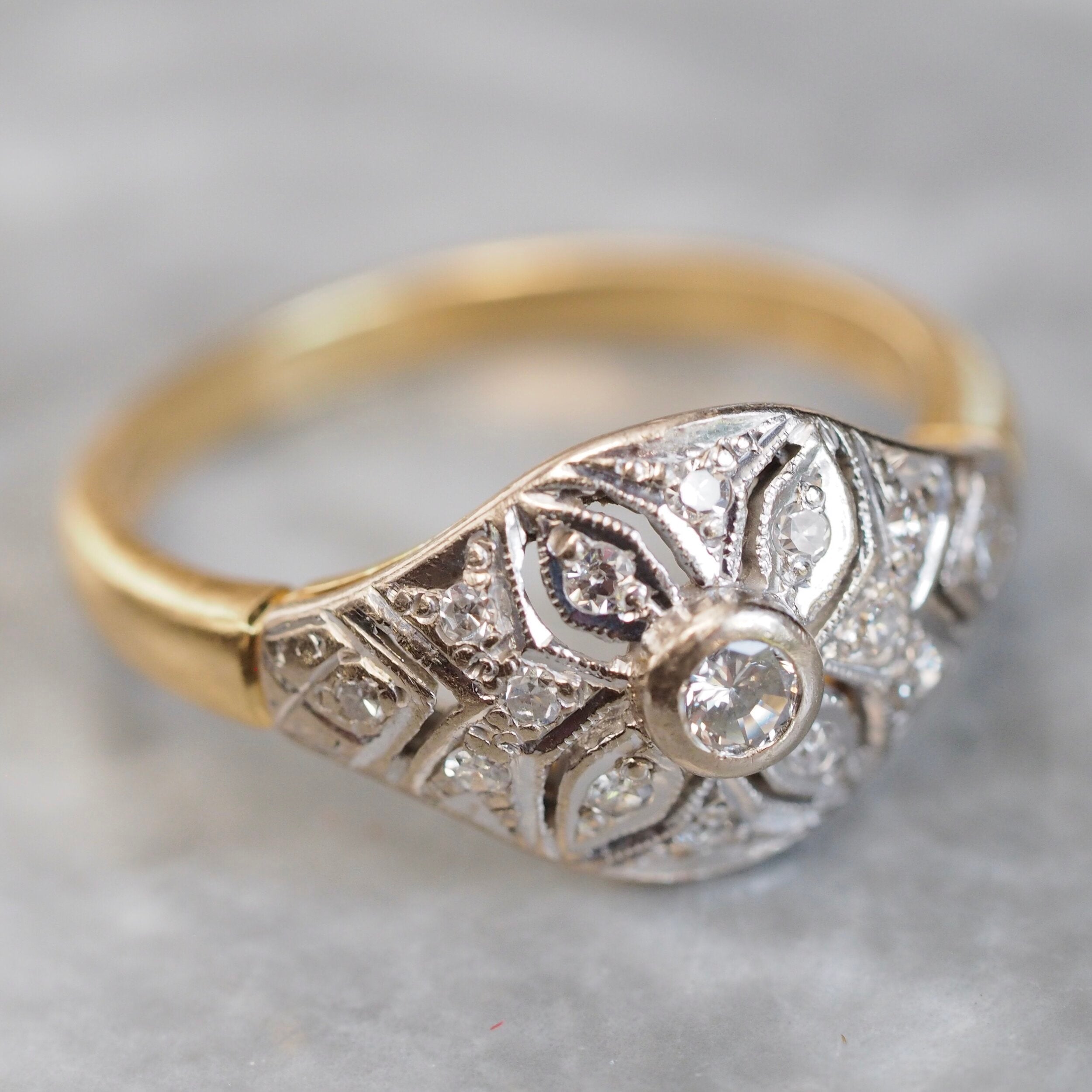 Vintage English Art Deco Style 18k Gold Diamond Engagement Ring