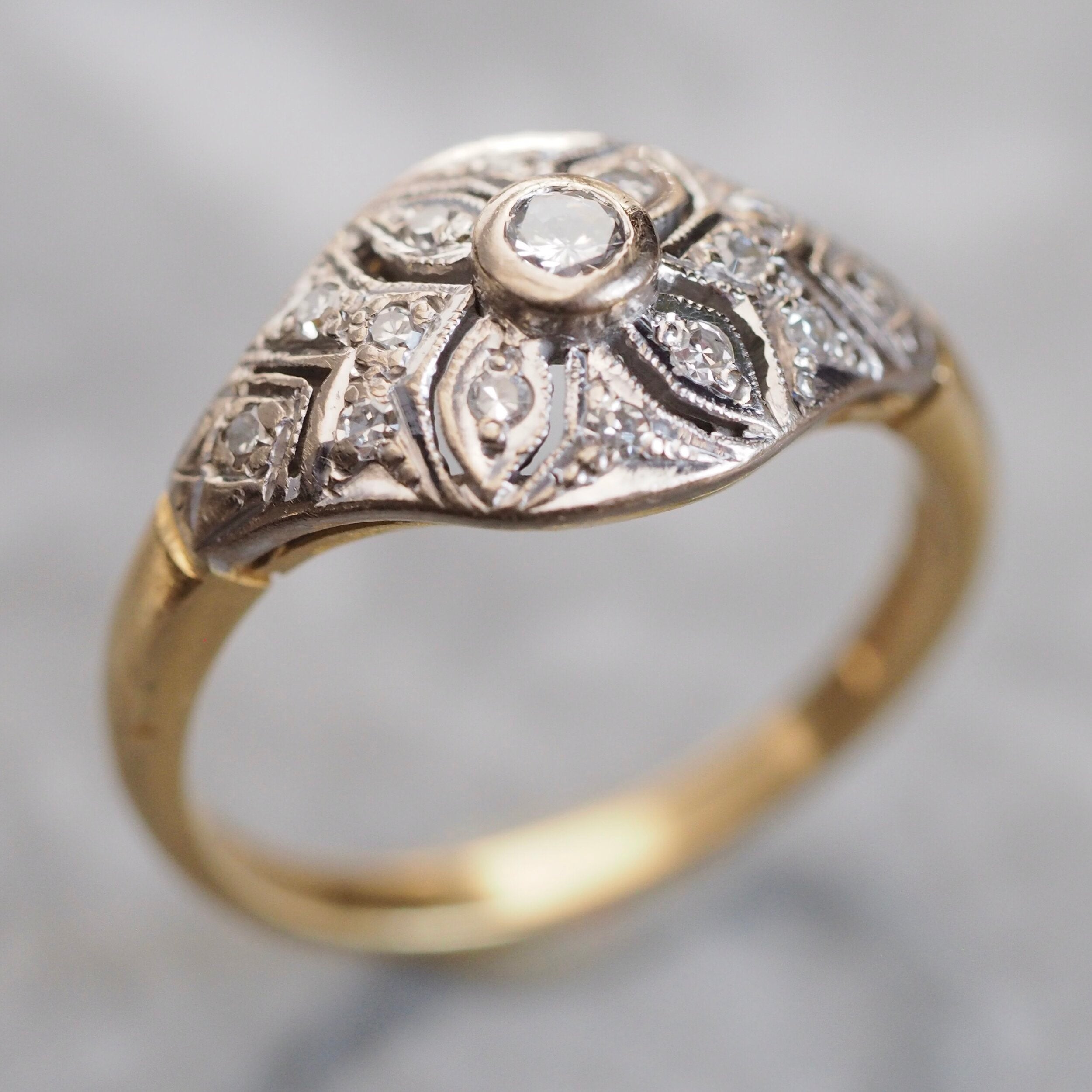 Vintage English Art Deco Style 18k Gold Diamond Engagement Ring