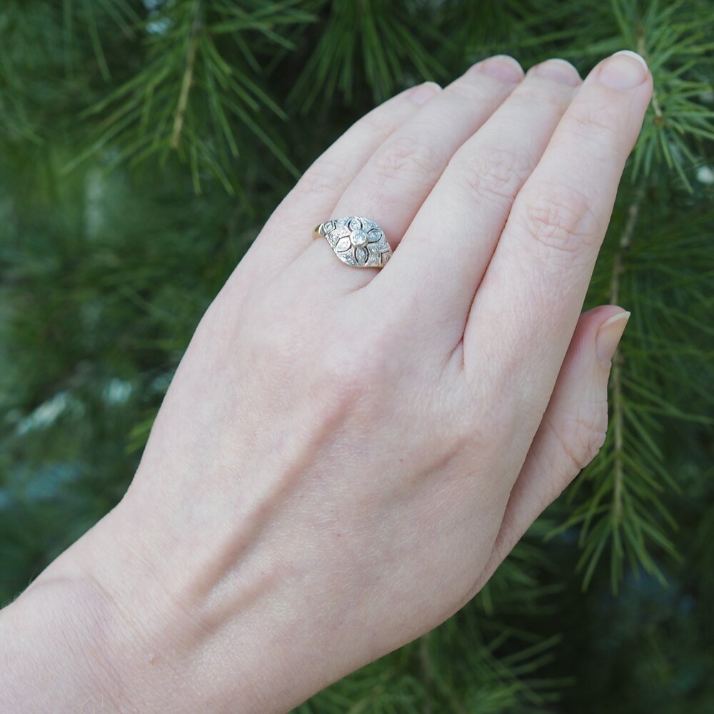 Vintage English Art Deco Style 18k Gold Diamond Engagement Ring