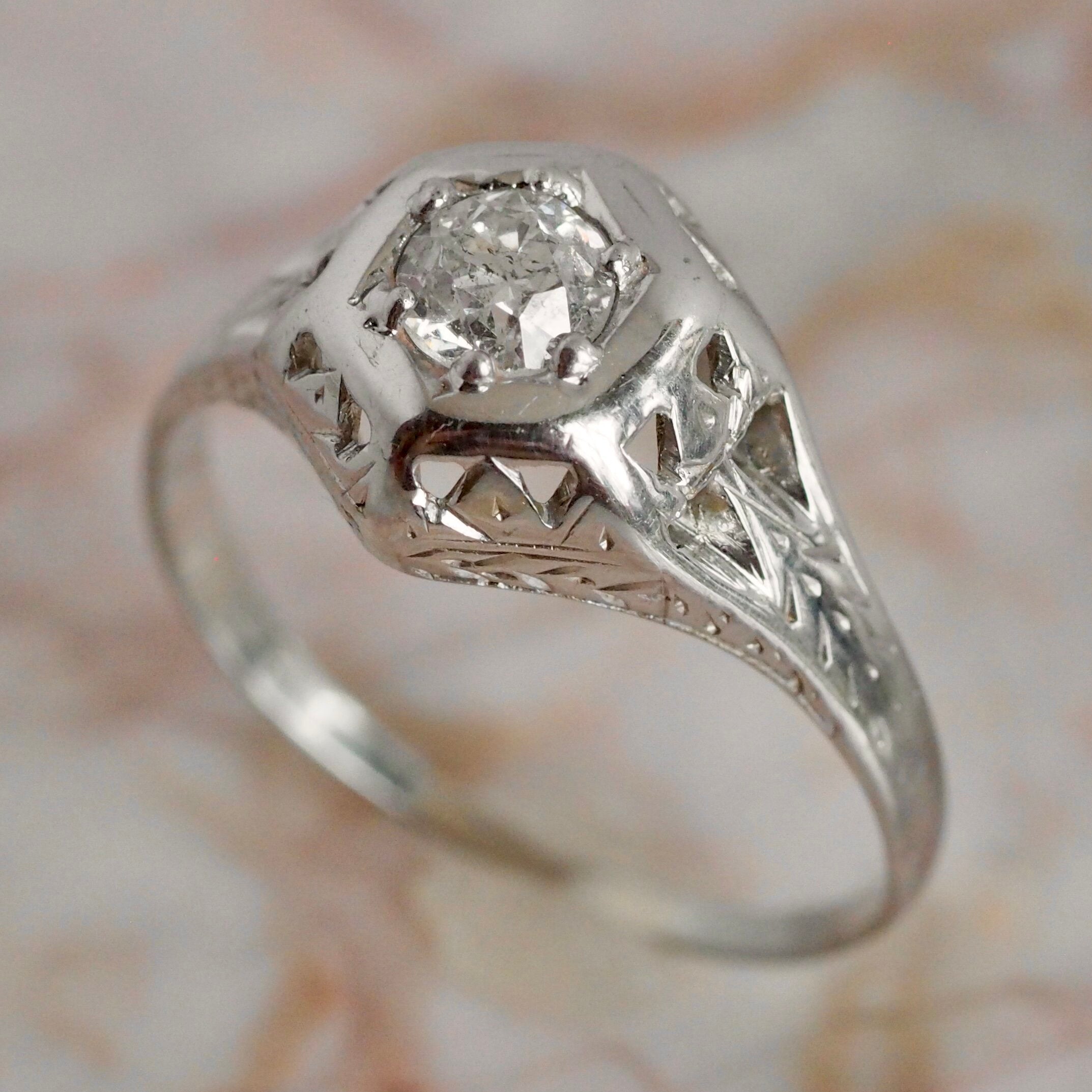 Art Deco Belais Hexagon Old European Cut Diamond Solitaire 18k White Gold Engagement Ring