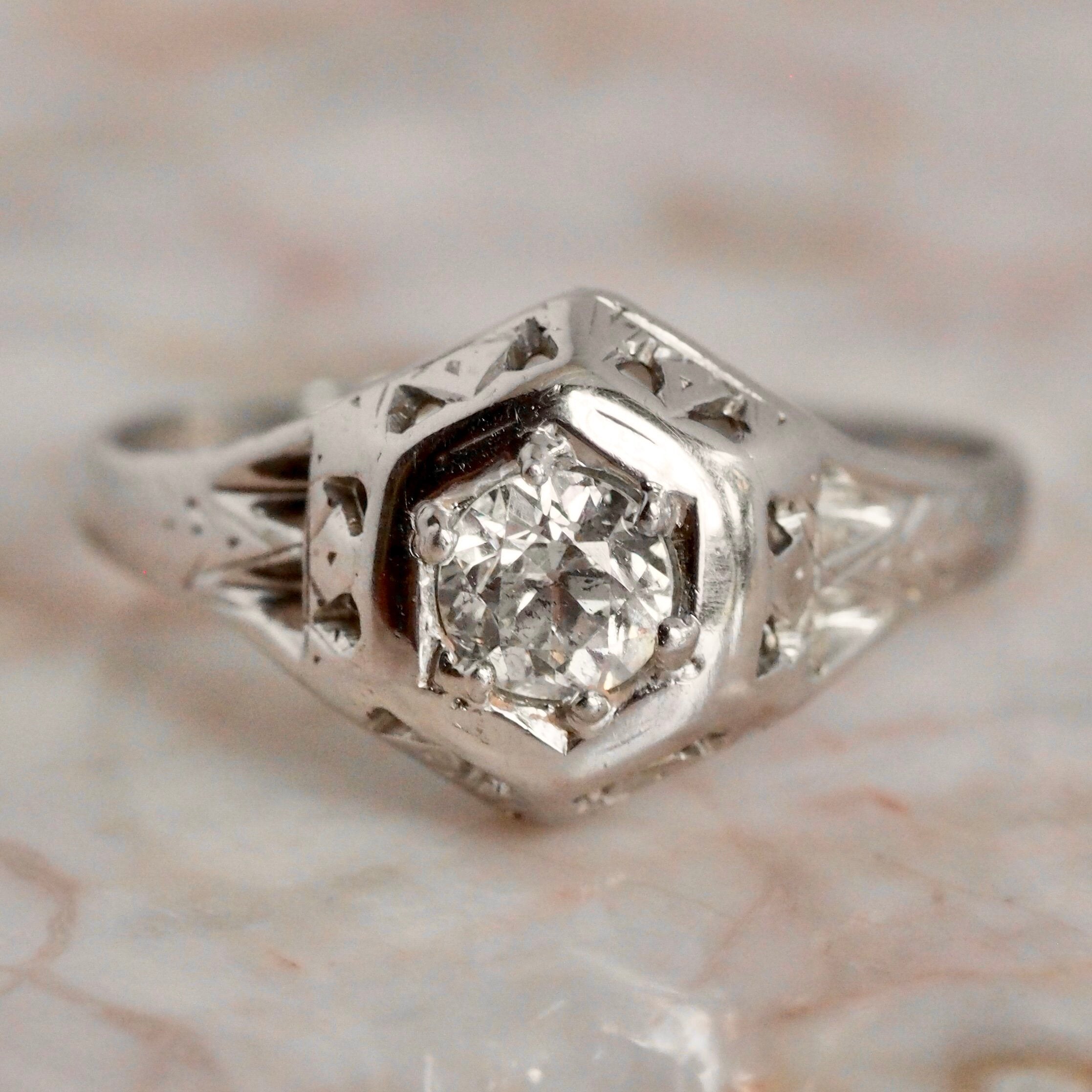 Art Deco Belais Hexagon Old European Cut Diamond Solitaire 18k White Gold Engagement Ring