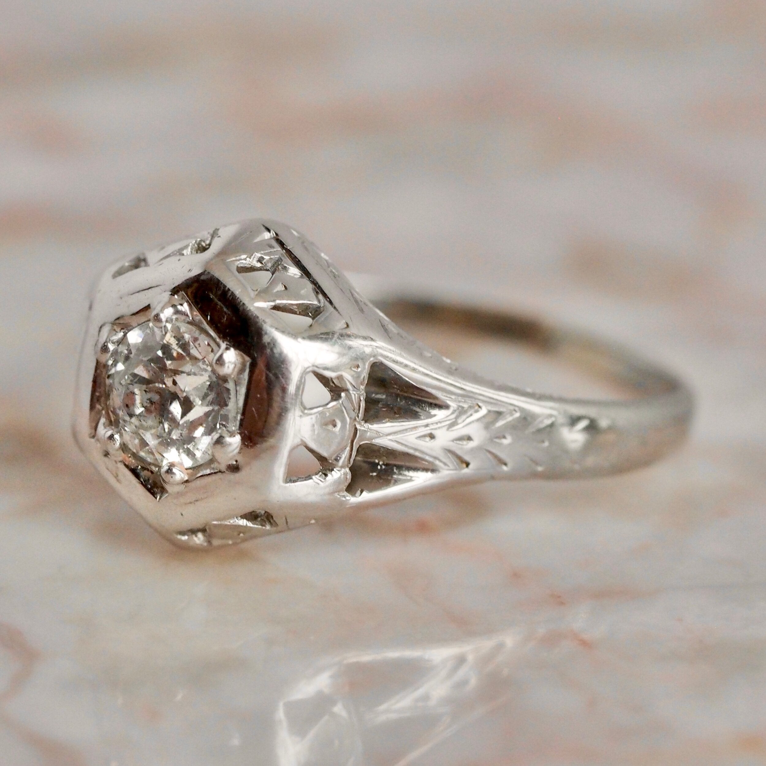 Art Deco Belais Hexagon Old European Cut Diamond Solitaire 18k White Gold Engagement Ring