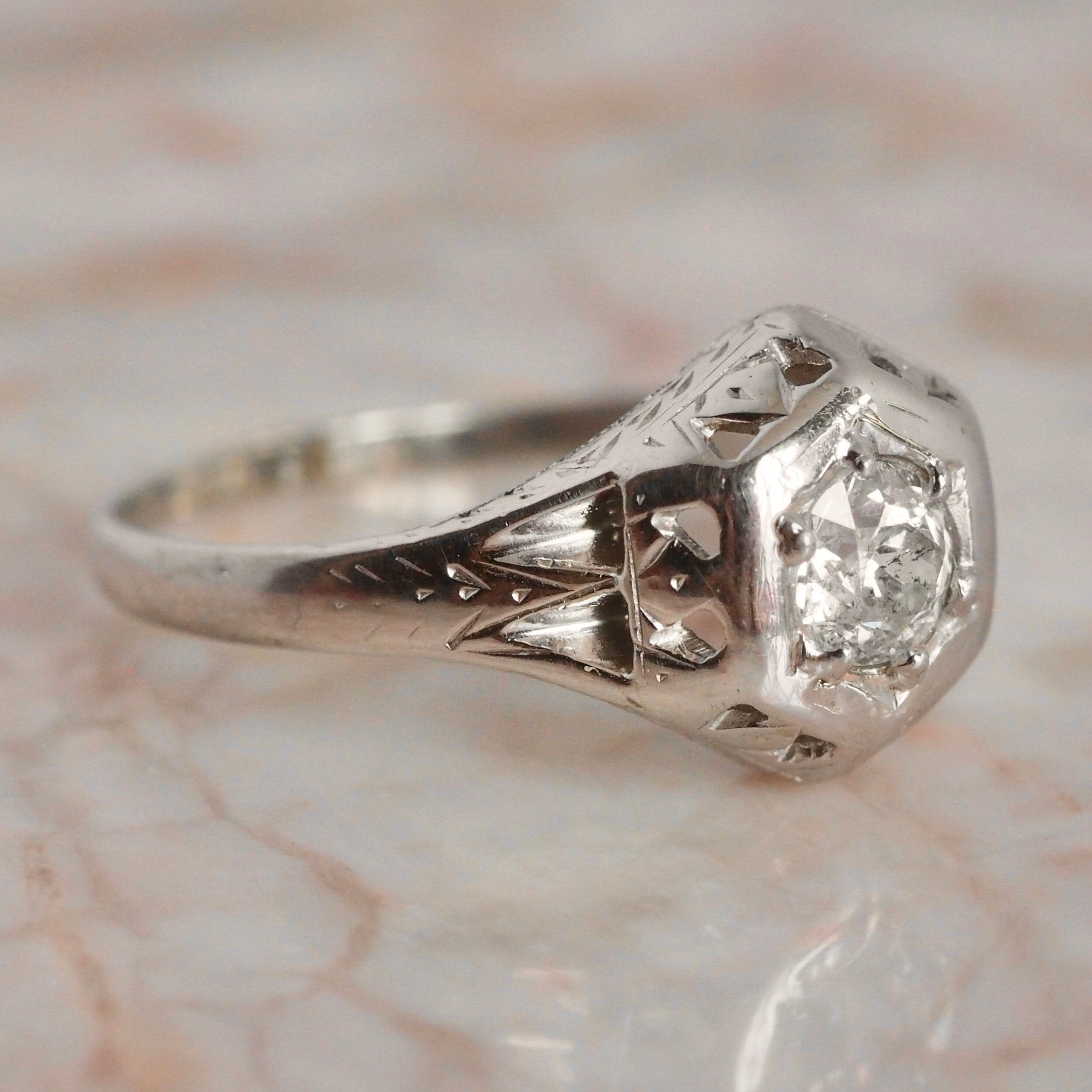 Art Deco Belais Hexagon Old European Cut Diamond Solitaire 18k White Gold Engagement Ring