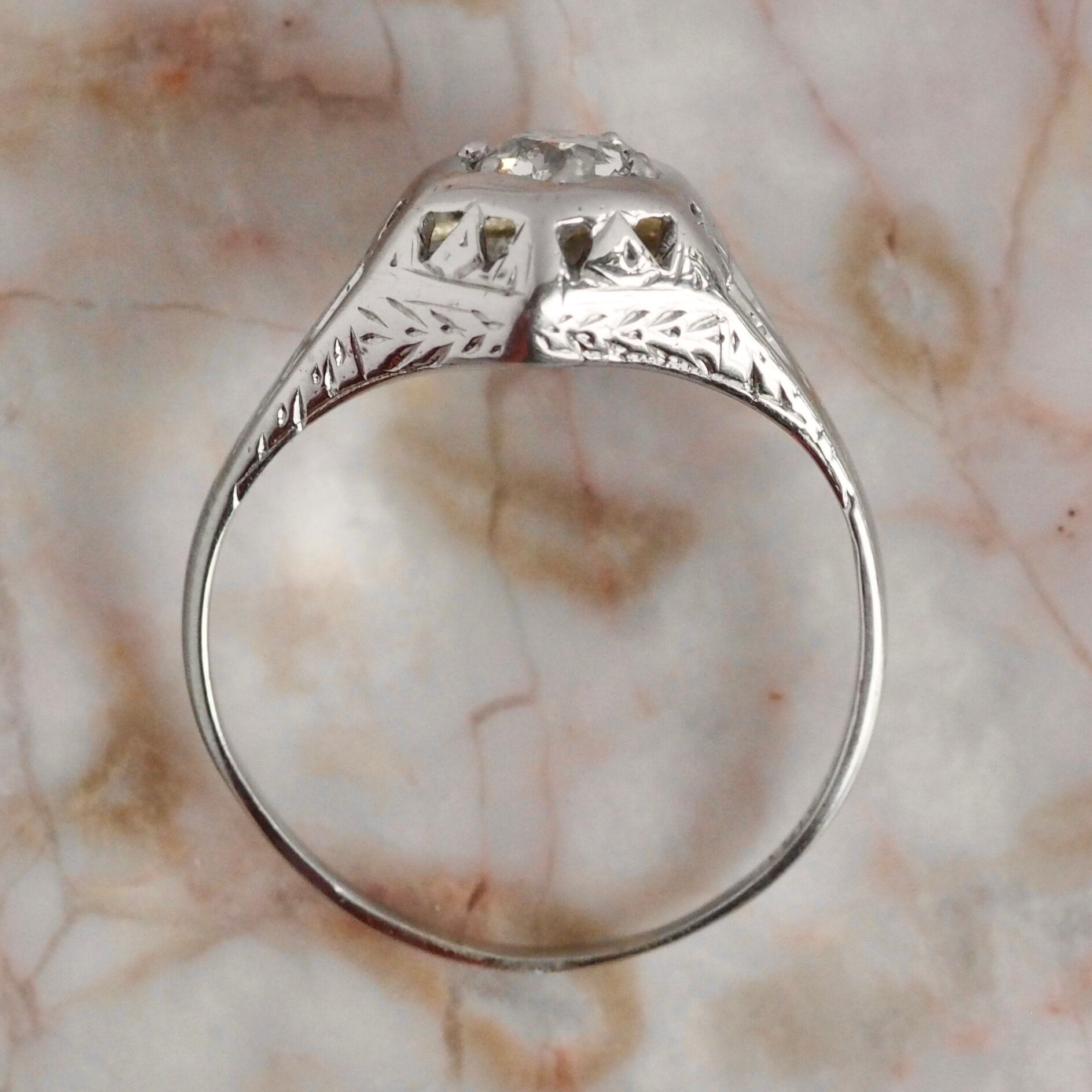 Art Deco Belais Hexagon Old European Cut Diamond Solitaire 18k White Gold Engagement Ring