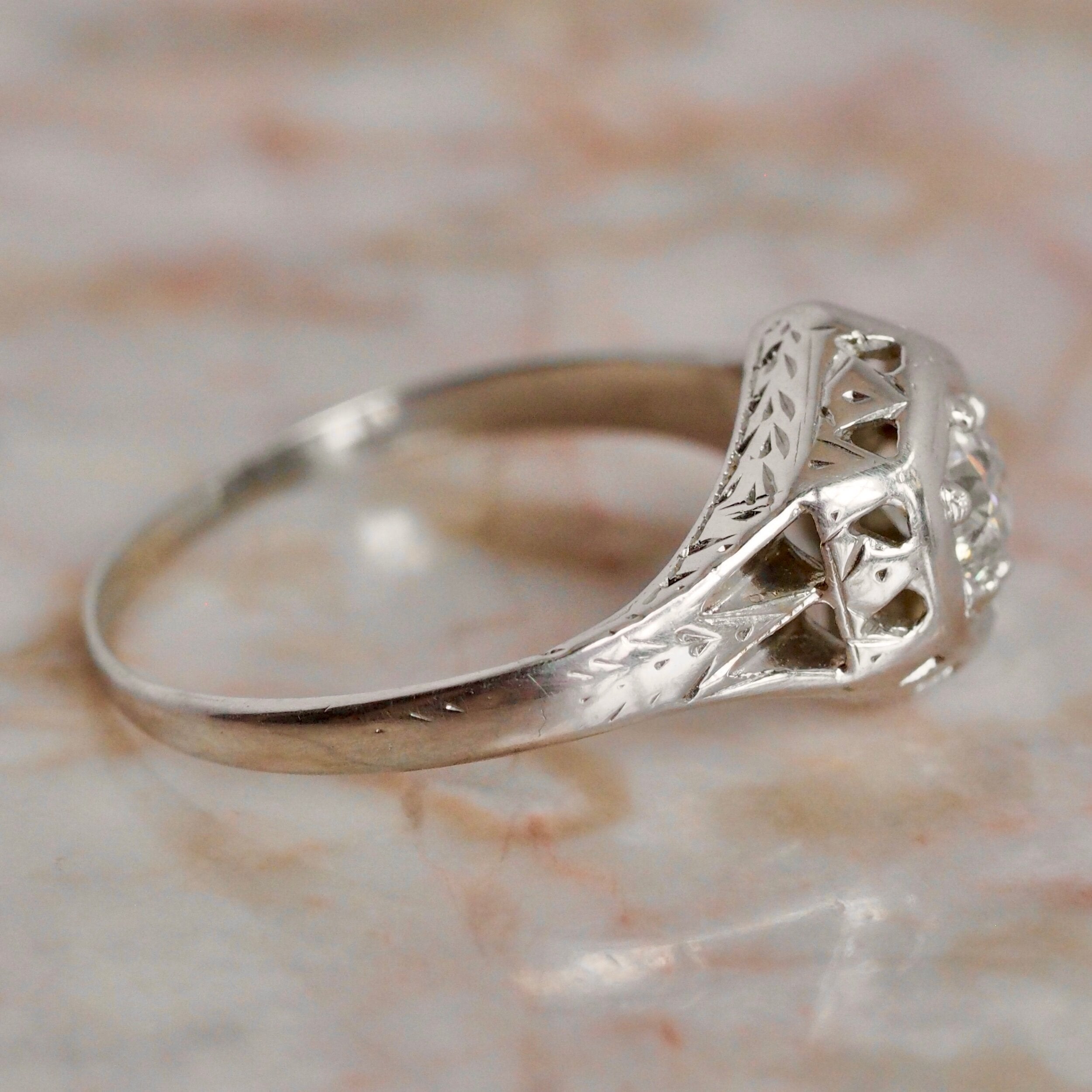 Art Deco Belais Hexagon Old European Cut Diamond Solitaire 18k White Gold Engagement Ring