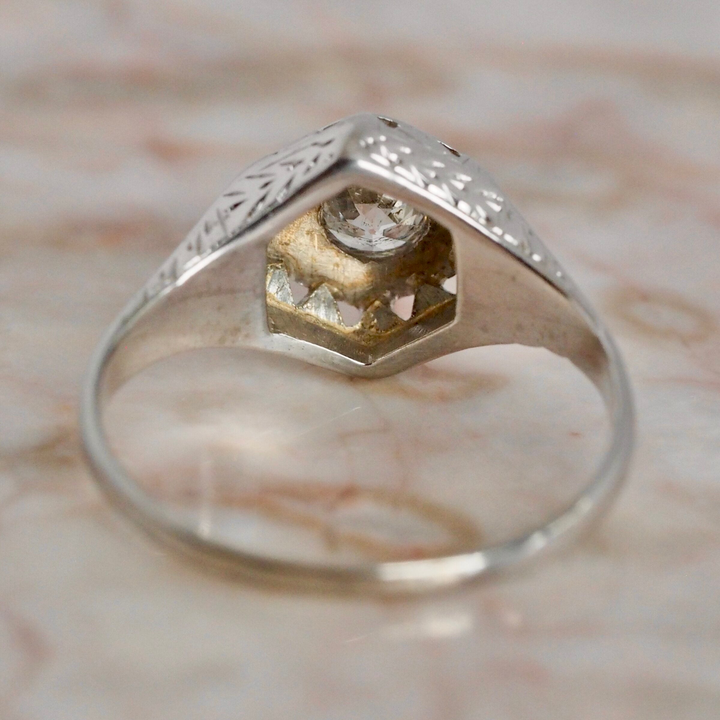 Art Deco Belais Hexagon Old European Cut Diamond Solitaire 18k White Gold Engagement Ring