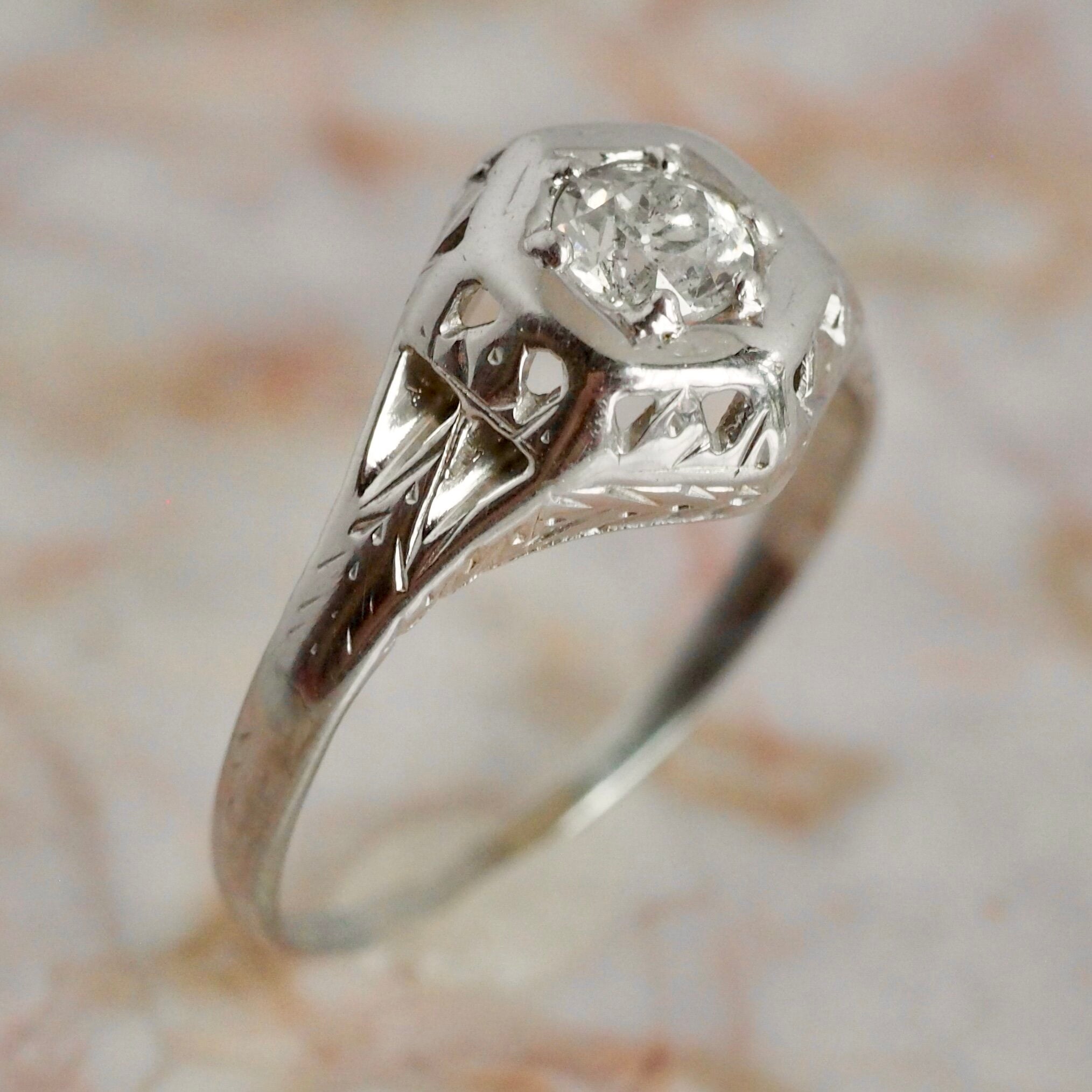 Art Deco Belais Hexagon Old European Cut Diamond Solitaire 18k White Gold Engagement Ring