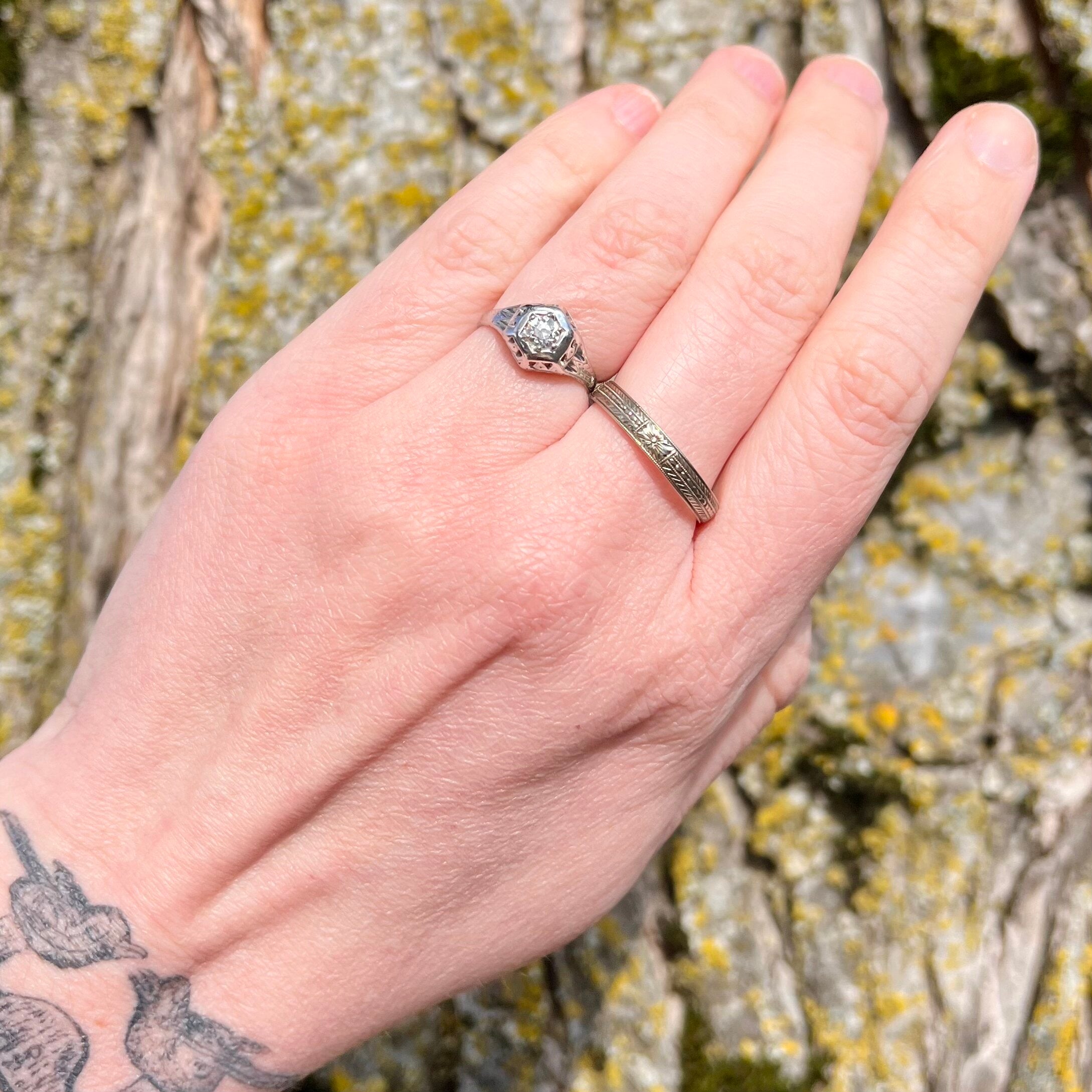 Art Deco Belais Hexagon Old European Cut Diamond Solitaire 18k White Gold Engagement Ring