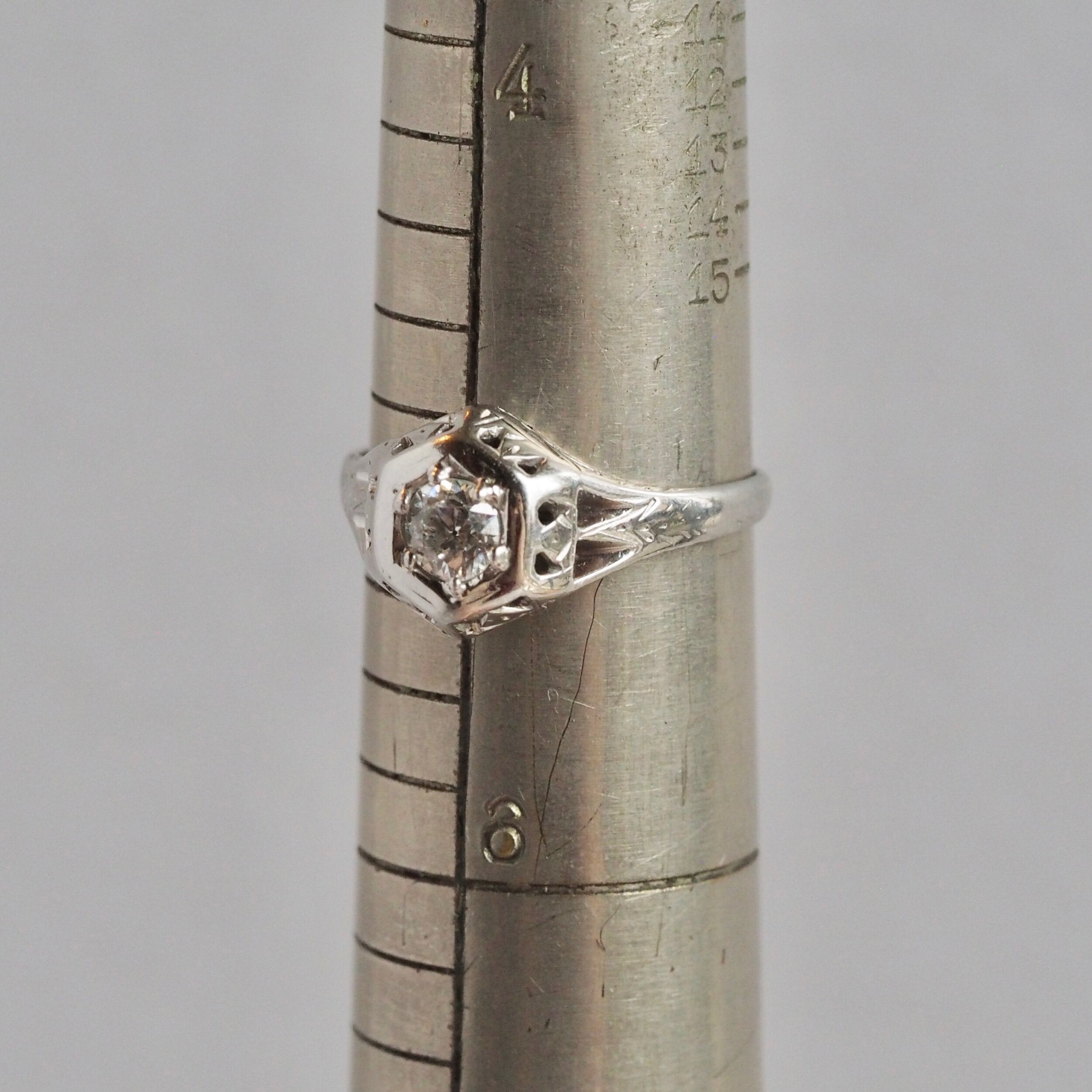 Art Deco Belais Hexagon Old European Cut Diamond Solitaire 18k White Gold Engagement Ring