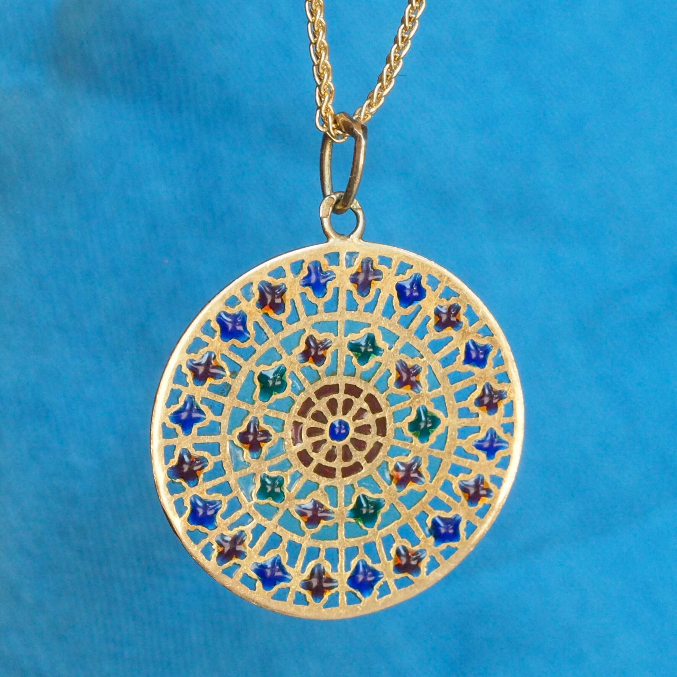 Vintage French 18k Gold Plique-à-Jour Pendant