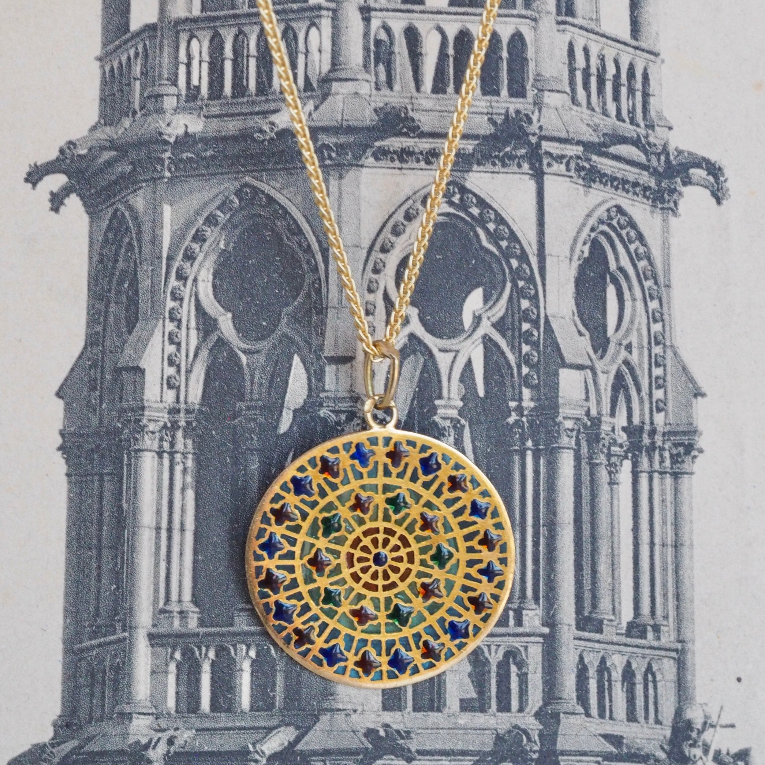 Vintage French 18k Gold Plique-à-Jour Pendant