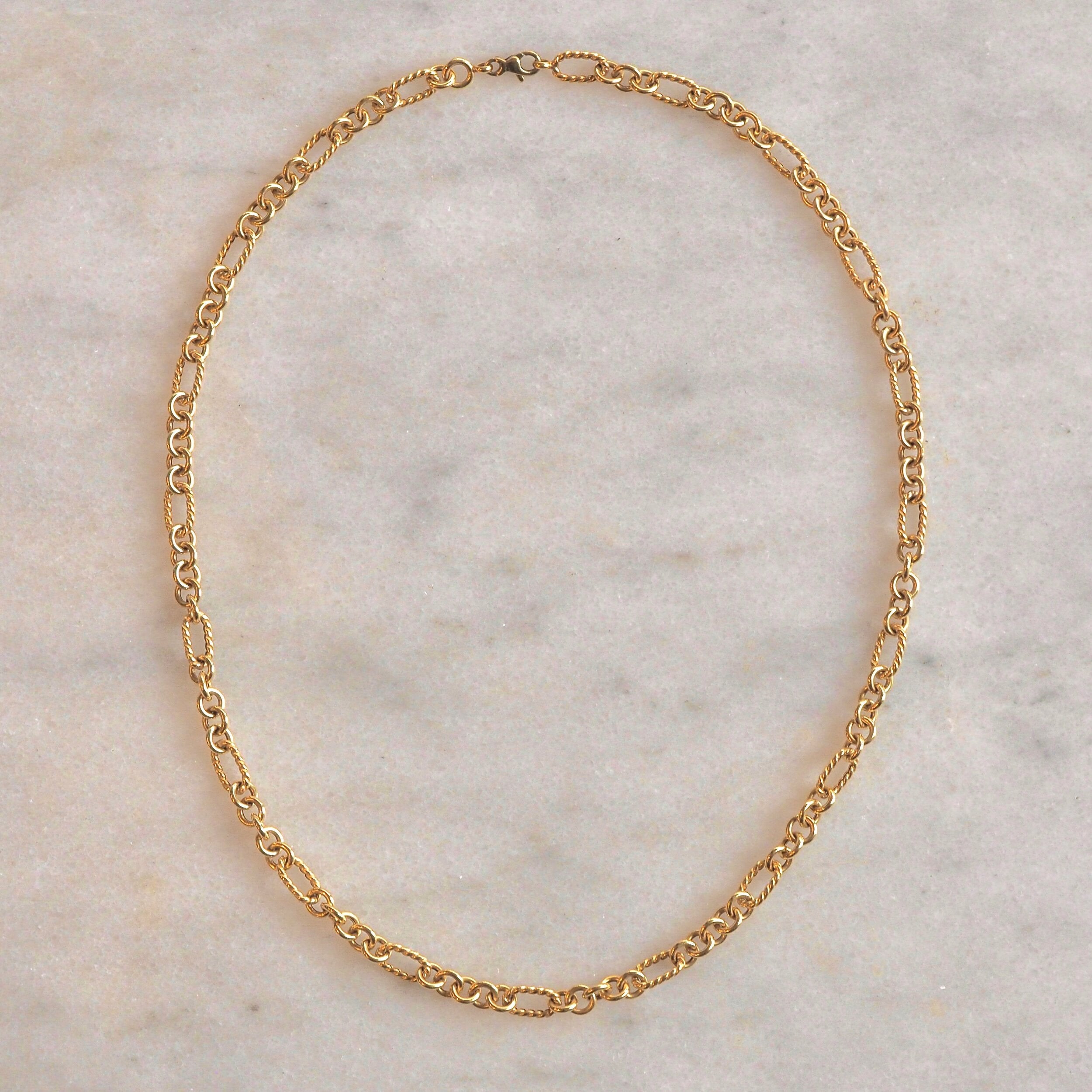 Vintage Italian 14k Gold Textured Oval and Round Rolo Link Chain Necklace