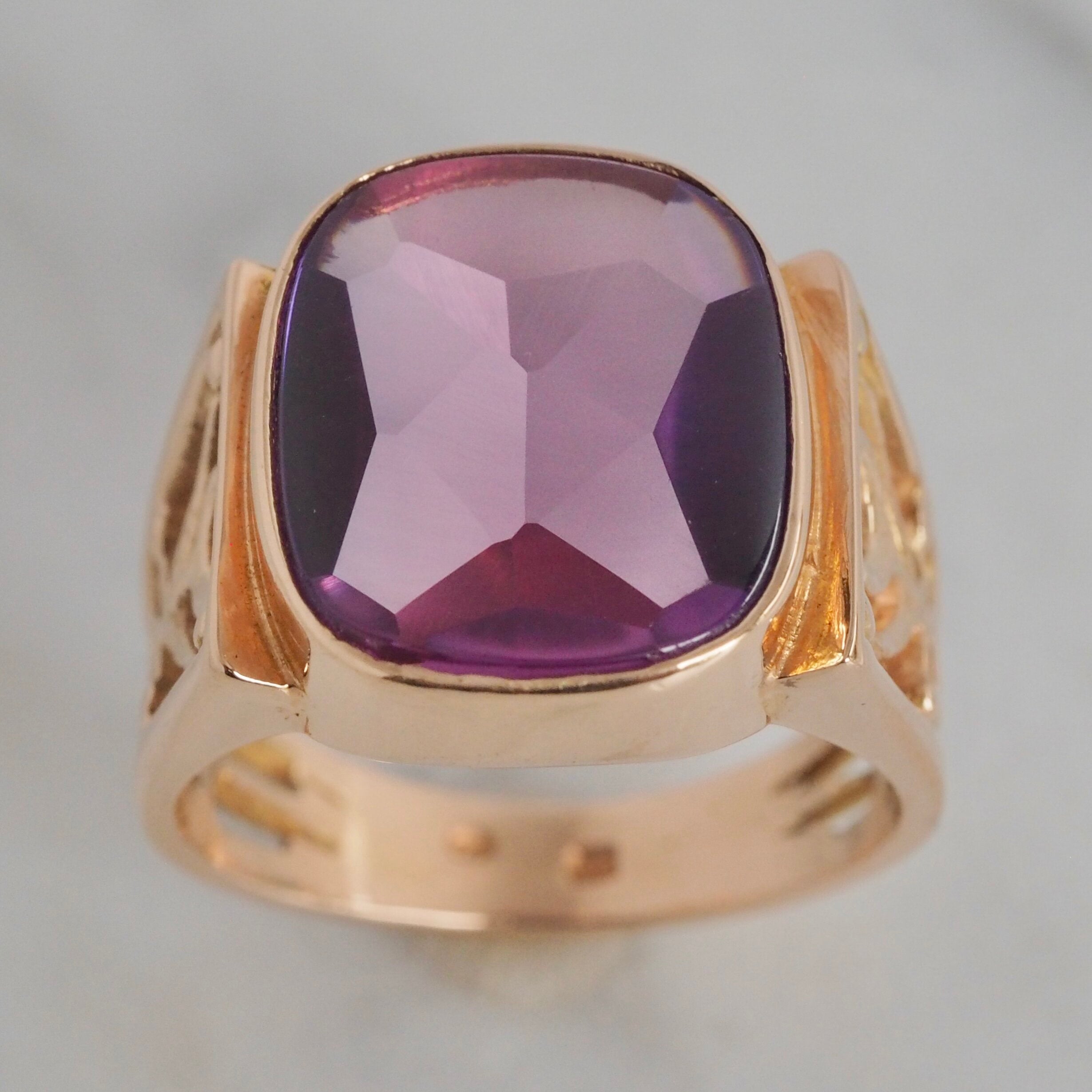 Vintage c. Late 1960's Hungarian 14k Rose Gold Buff Cut Lab Grown Sapphire Ring