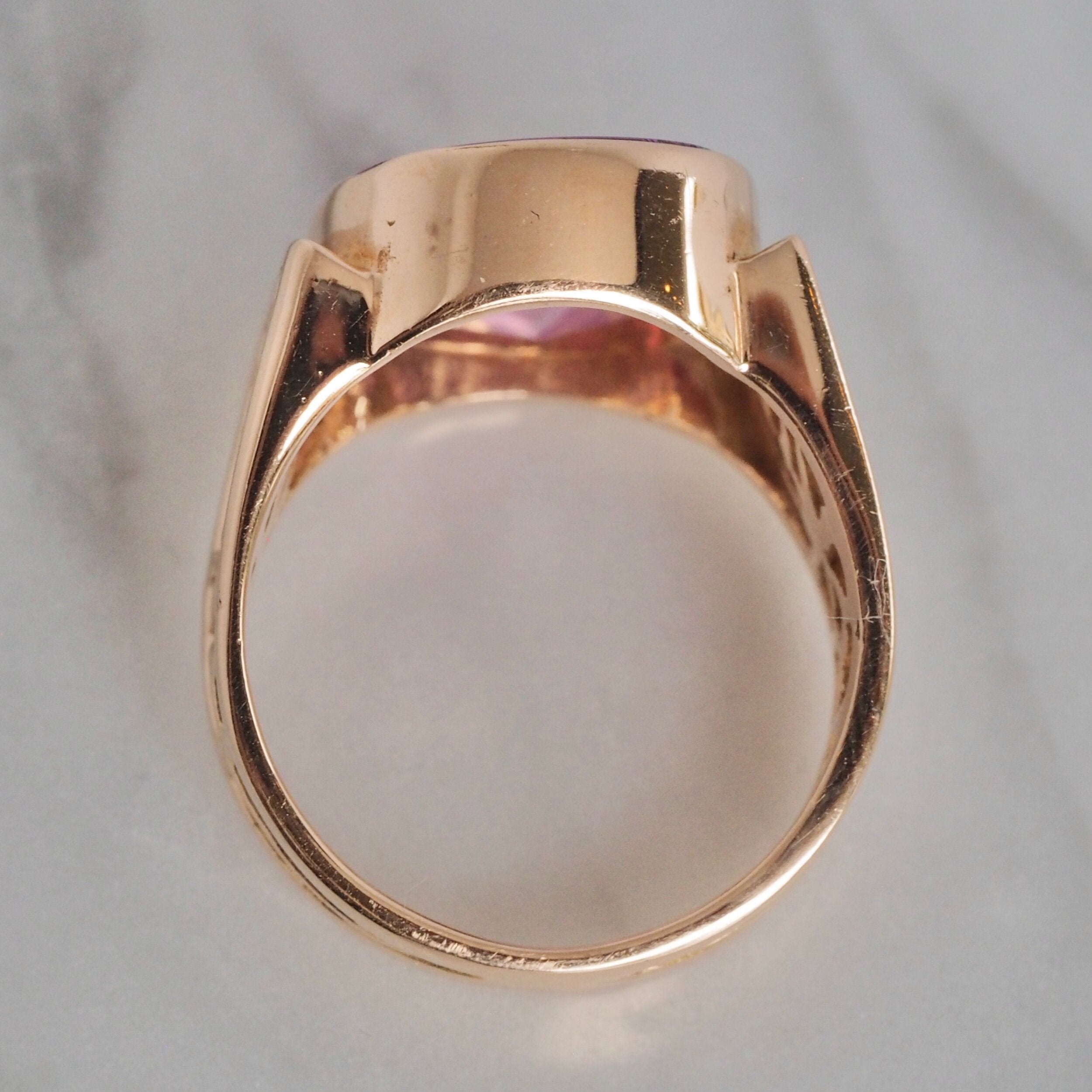 Vintage c. Late 1960's Hungarian 14k Rose Gold Buff Cut Lab Grown Sapphire Ring