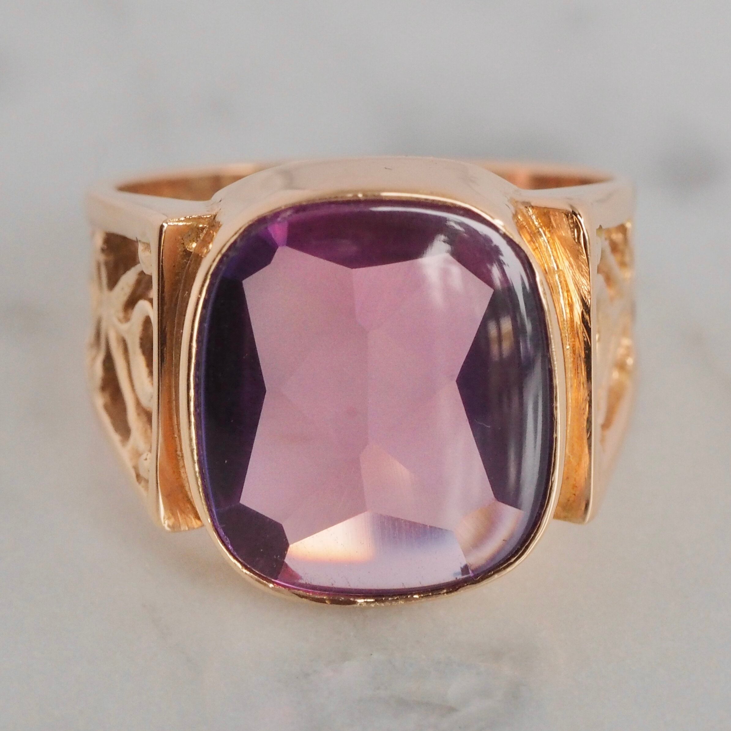 Vintage c. Late 1960's Hungarian 14k Rose Gold Buff Cut Lab Grown Sapphire Ring