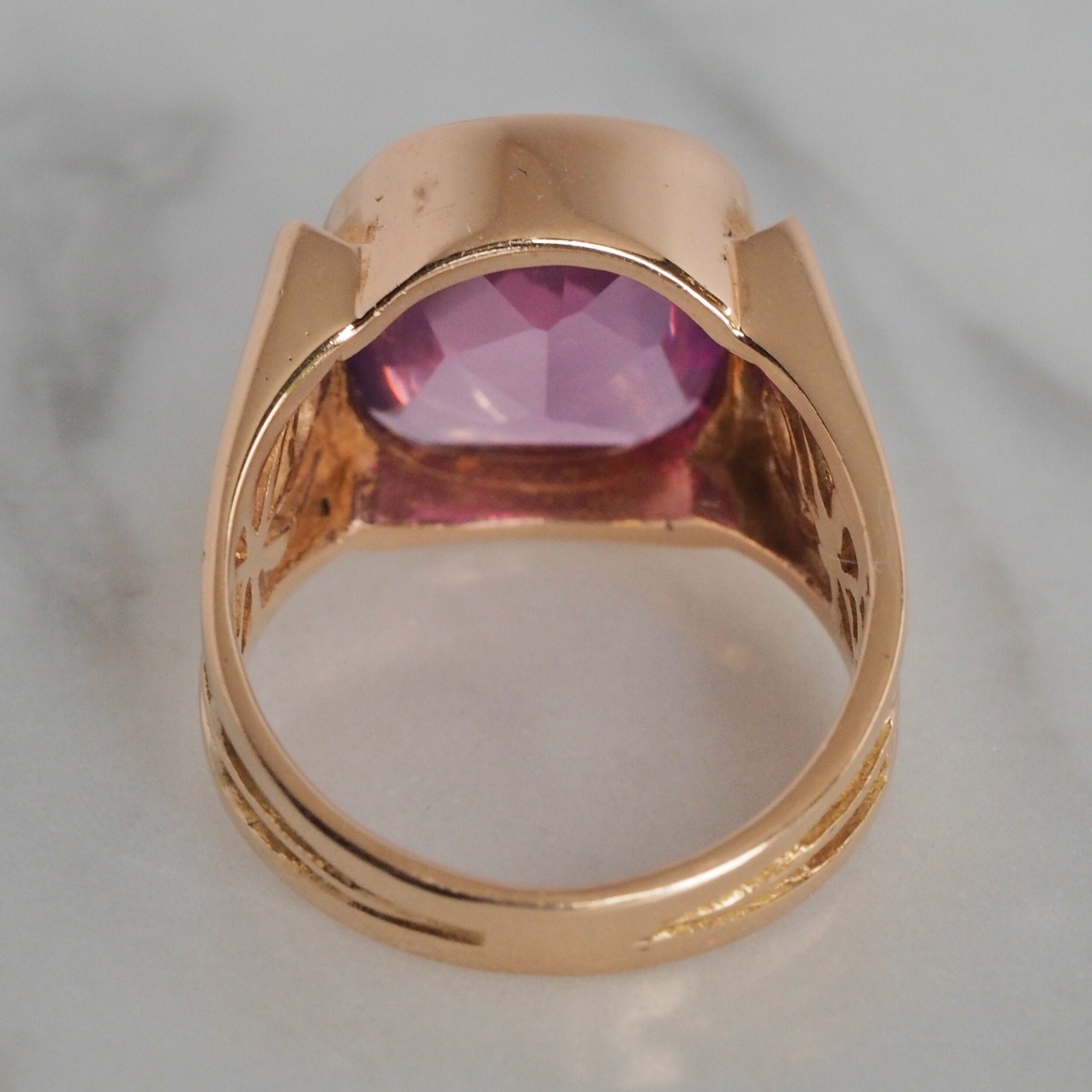 Vintage c. Late 1960's Hungarian 14k Rose Gold Buff Cut Lab Grown Sapphire Ring