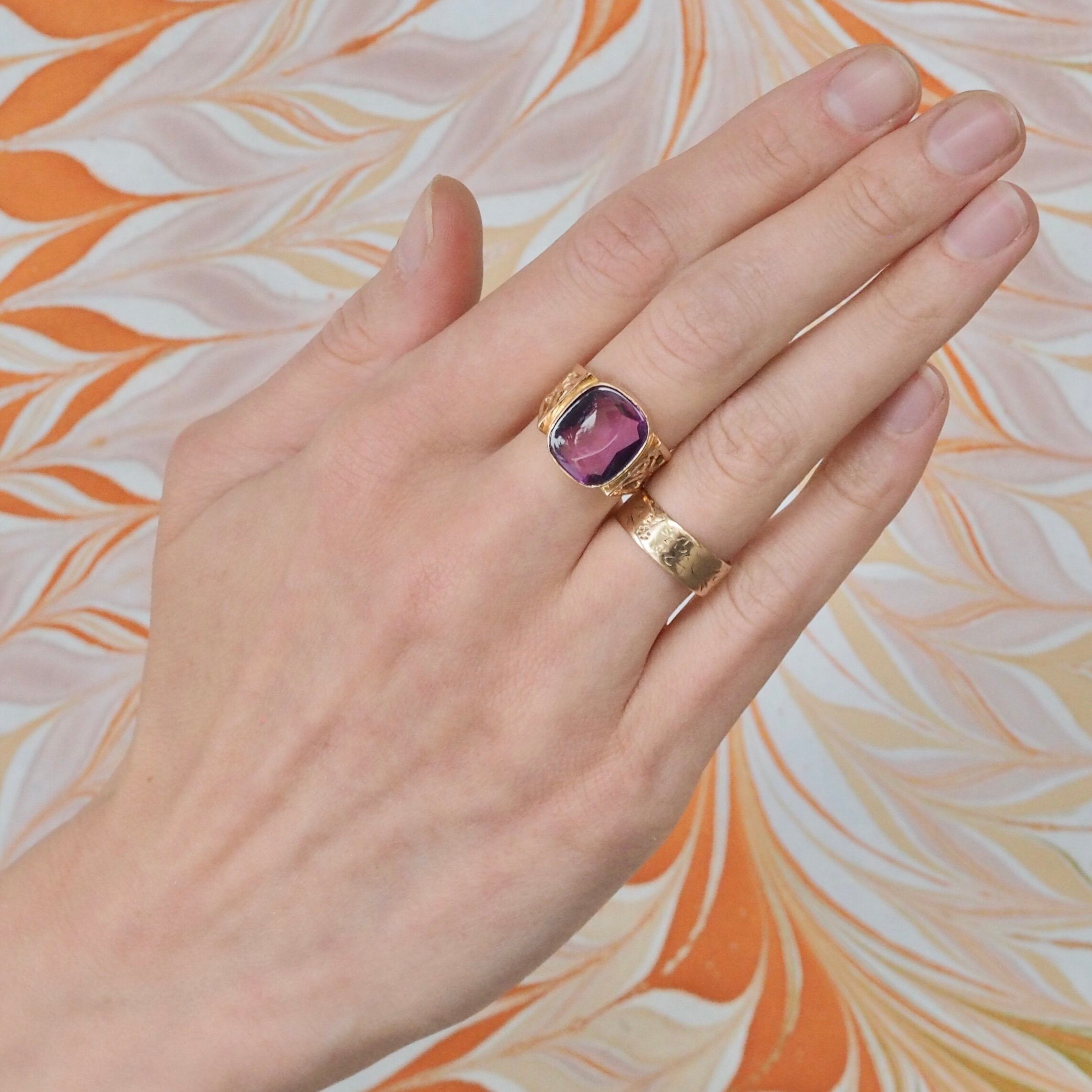 Vintage c. Late 1960's Hungarian 14k Rose Gold Buff Cut Lab Grown Sapphire Ring