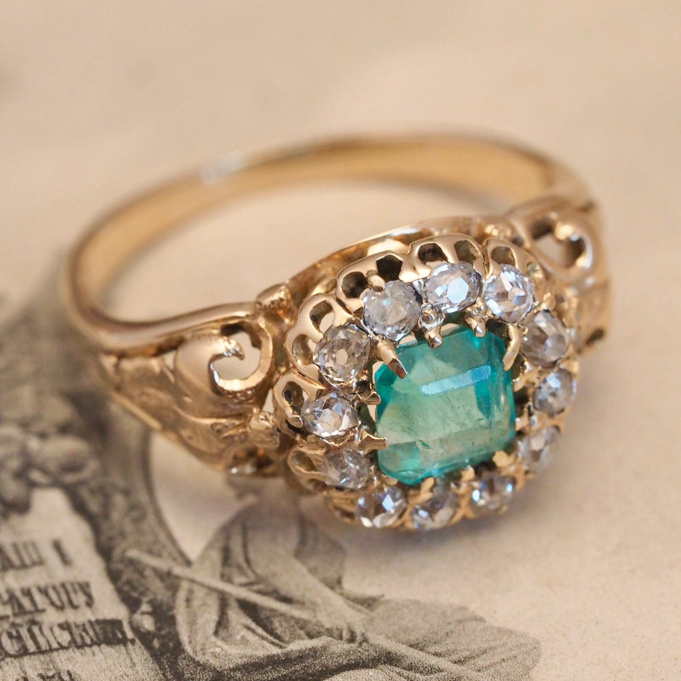 Antique Victorian 14k Gold Emerald and Old Mine Cut Diamond Halo Ring