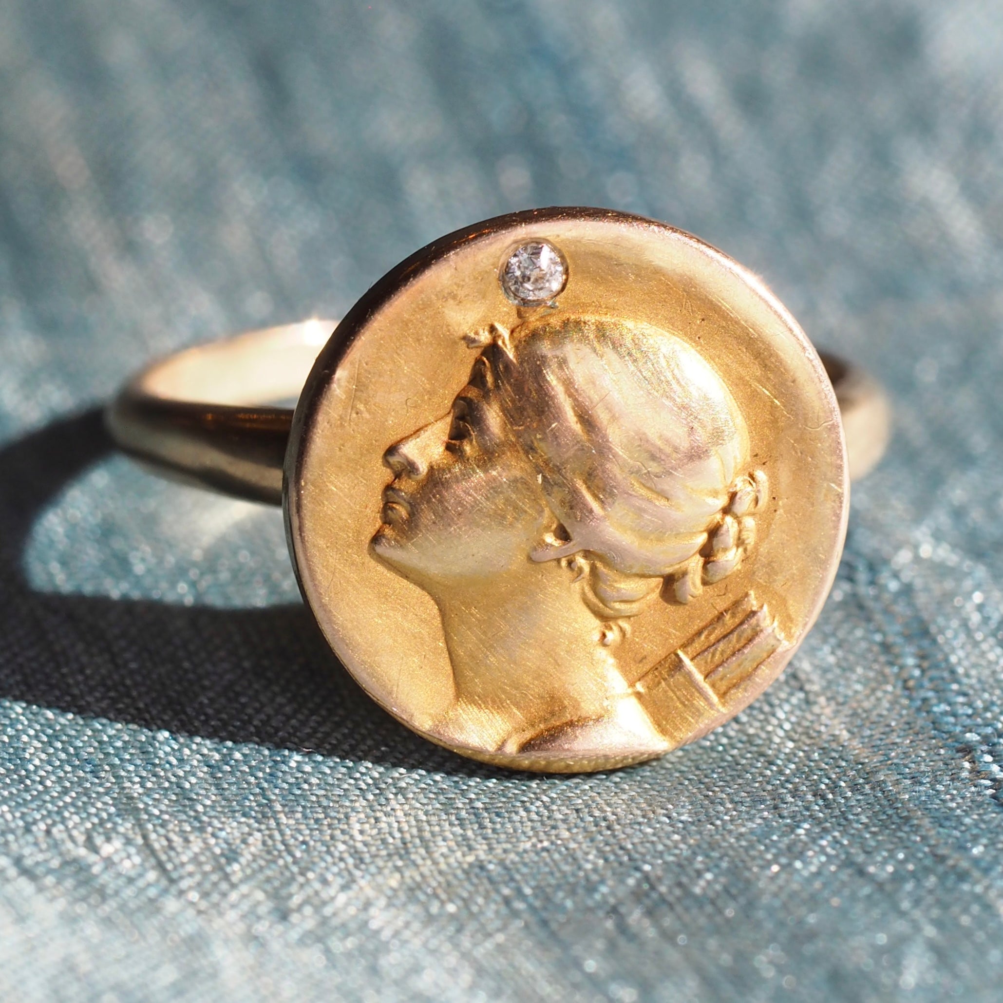 Antique French Art Nouveau 14k Bloomed Gold Louis Armand Rault Roman Goddess Diana Ring